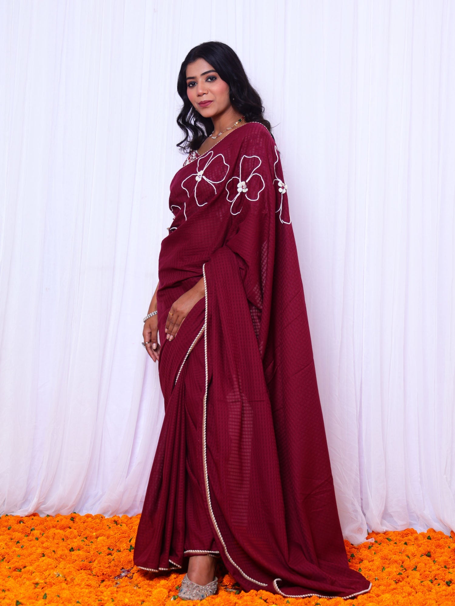 Festive Maroon Red Cotton Check Saree Hand Embroidery - Taapsi