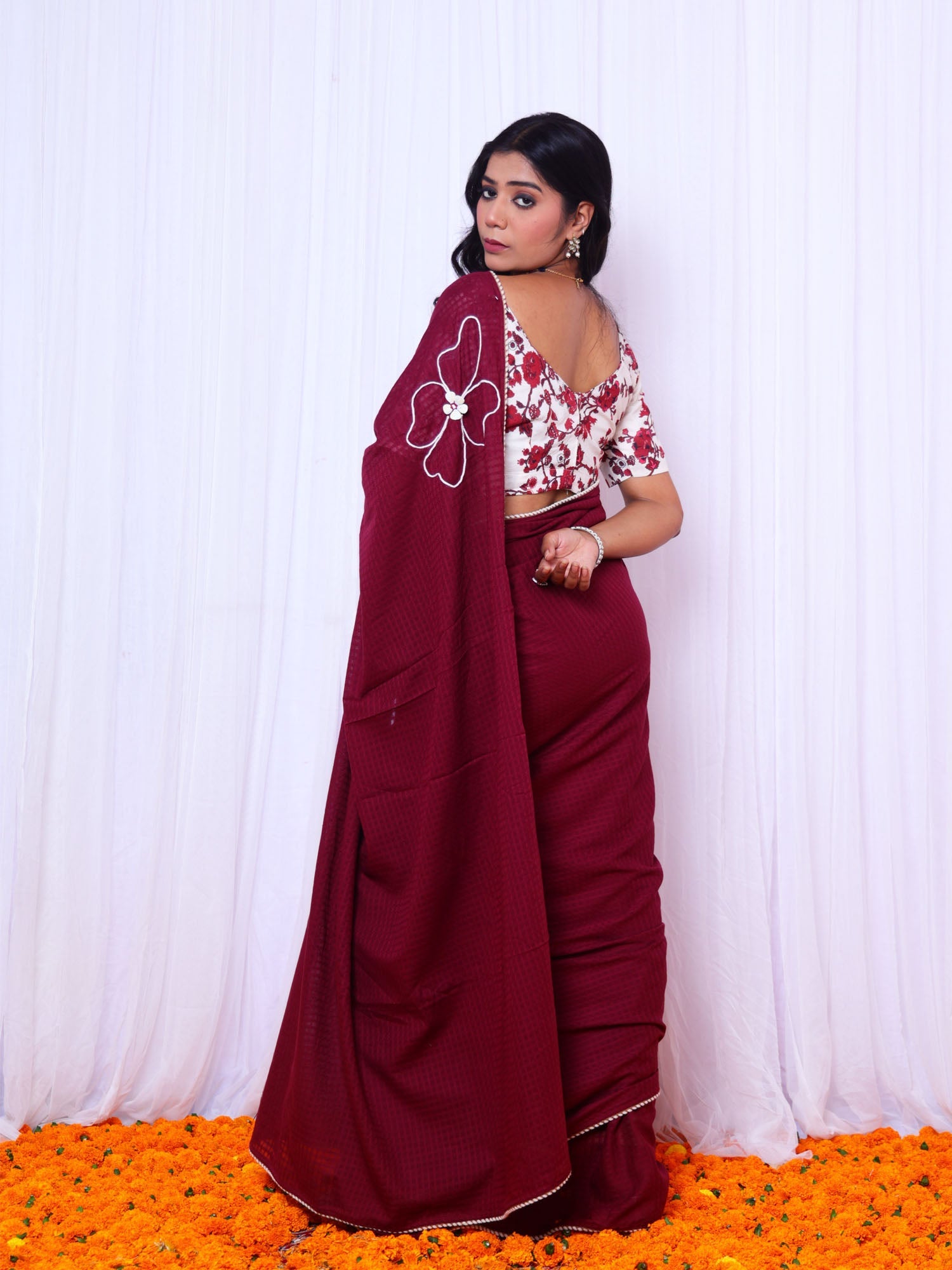 Festive Maroon Red Cotton Check Saree Hand Embroidery - Taapsi