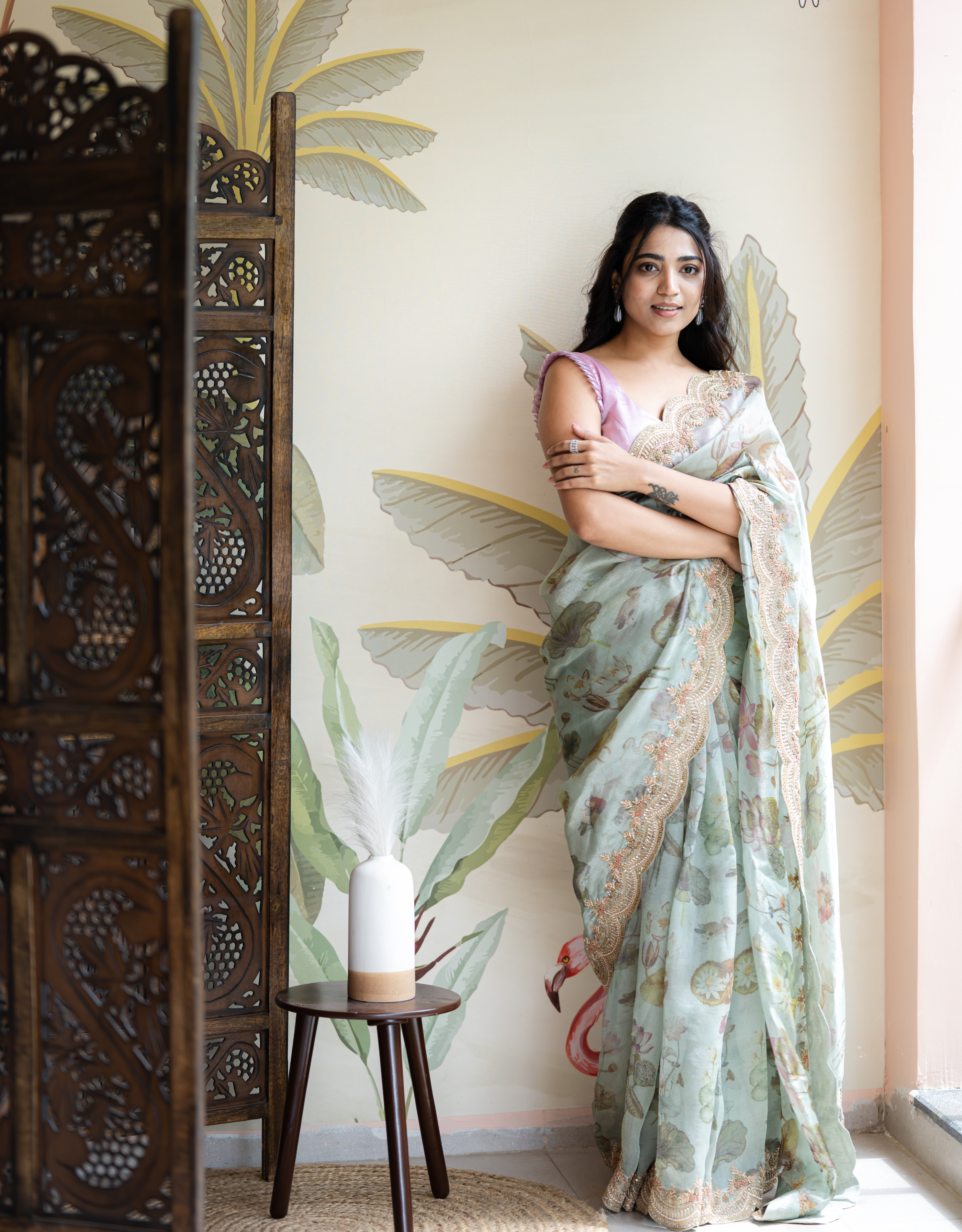 Pastel Mint Green Tissue Organza Saree Zardosi Scallop Border Antique Zari