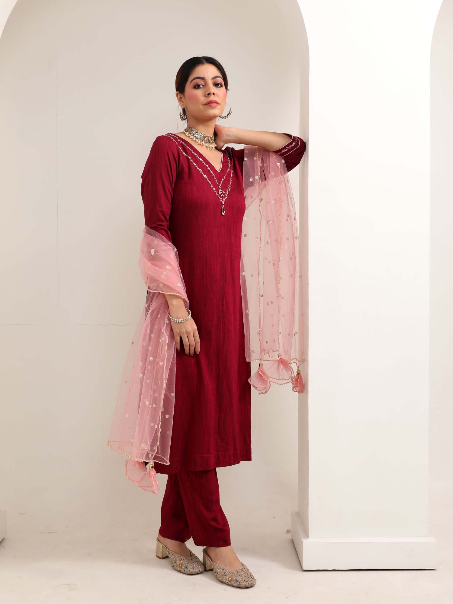 Light Wine Deep Red Slub Rayon Hand Embroidered Kurta Pant Net Dupatta