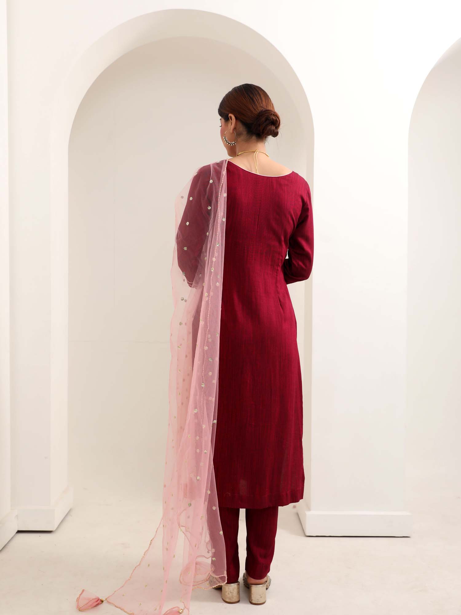 Light Wine Deep Red Slub Rayon Hand Embroidered Kurta Pant Net Dupatta