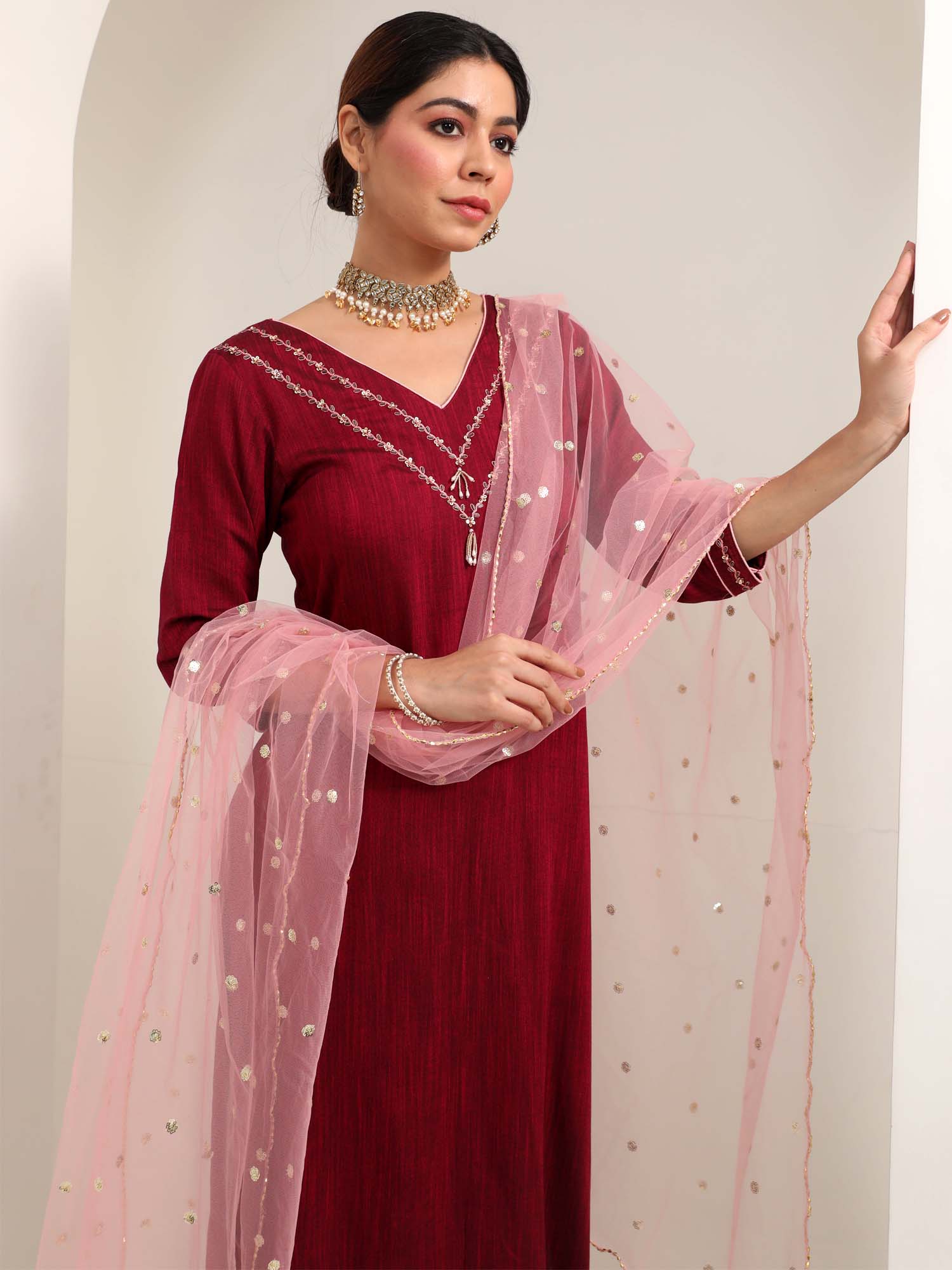 Light Wine Deep Red Slub Rayon Hand Embroidered Kurta Pant Net Dupatta