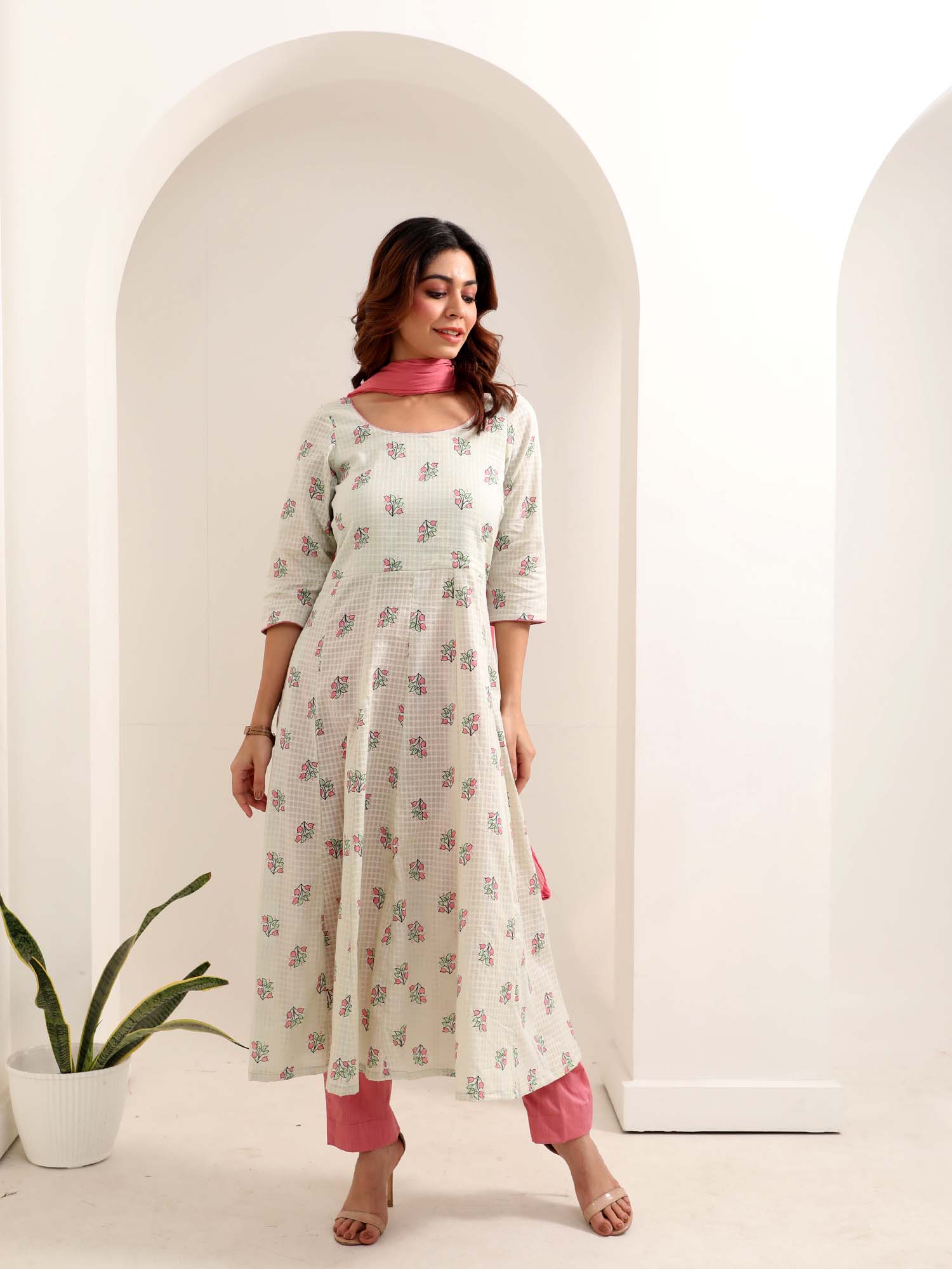 Airy Pastel Green Pink Cotton Anarkali Kurta Pant Dupatta Set Lotus Tassels