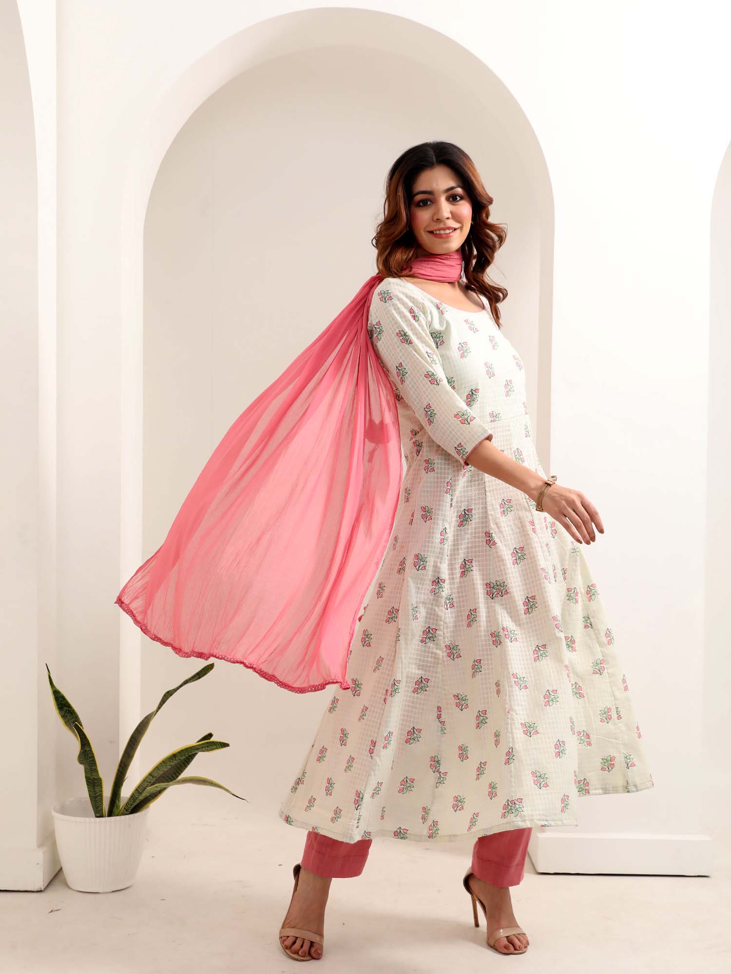 Airy Pastel Green Pink Cotton Anarkali Kurta Pant Dupatta Set Lotus Tassels