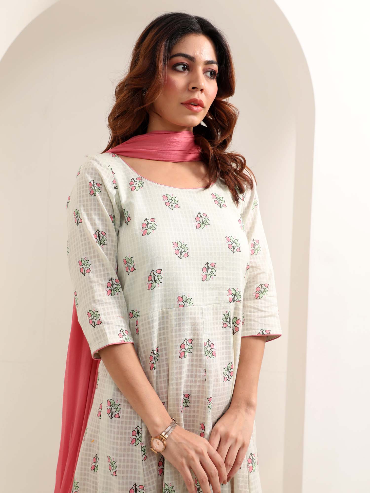 Airy Pastel Green Pink Cotton Anarkali Kurta Pant Dupatta Set Lotus Tassels