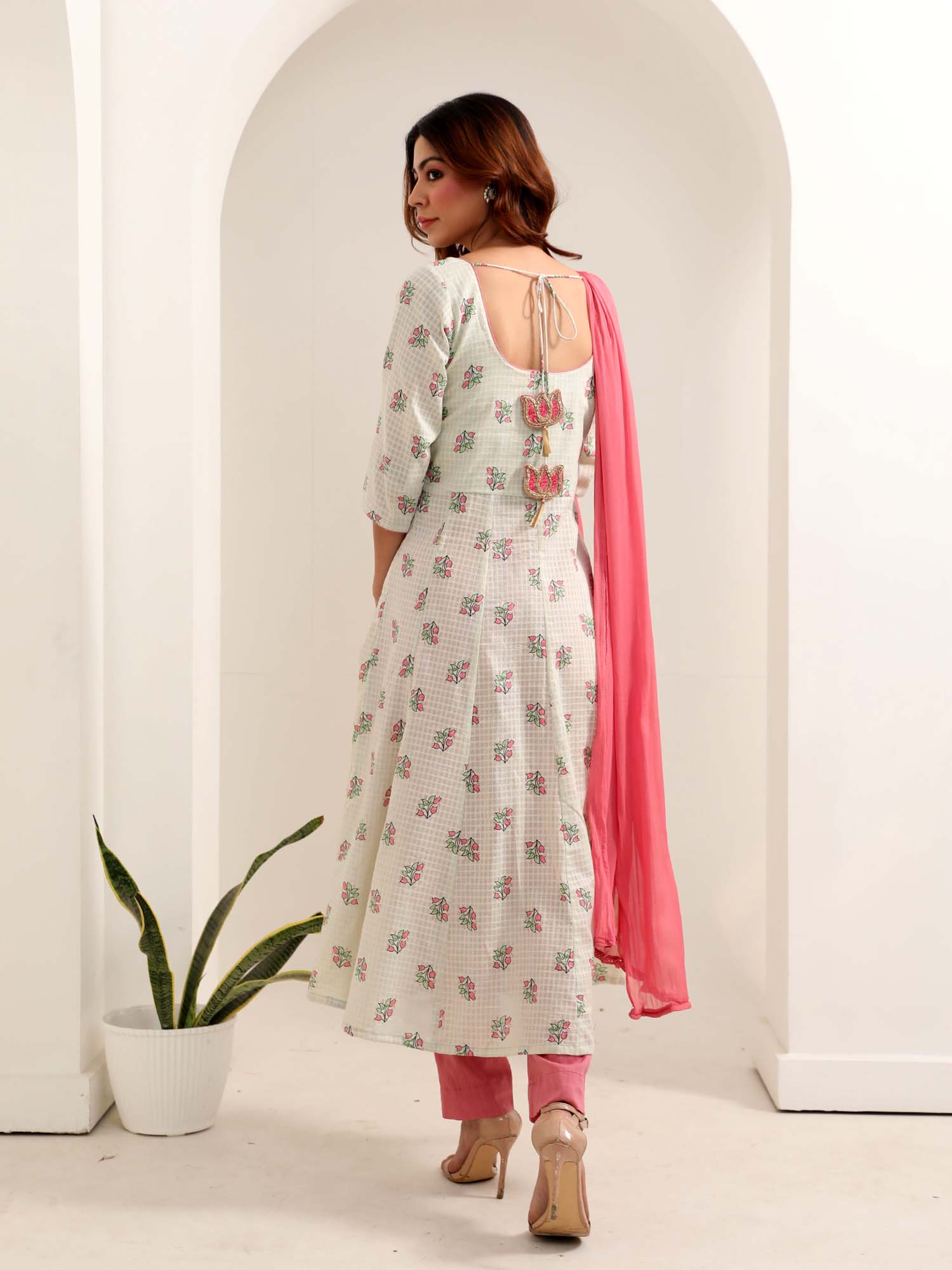 Airy Pastel Green Pink Cotton Anarkali Kurta Pant Dupatta Set Lotus Tassels