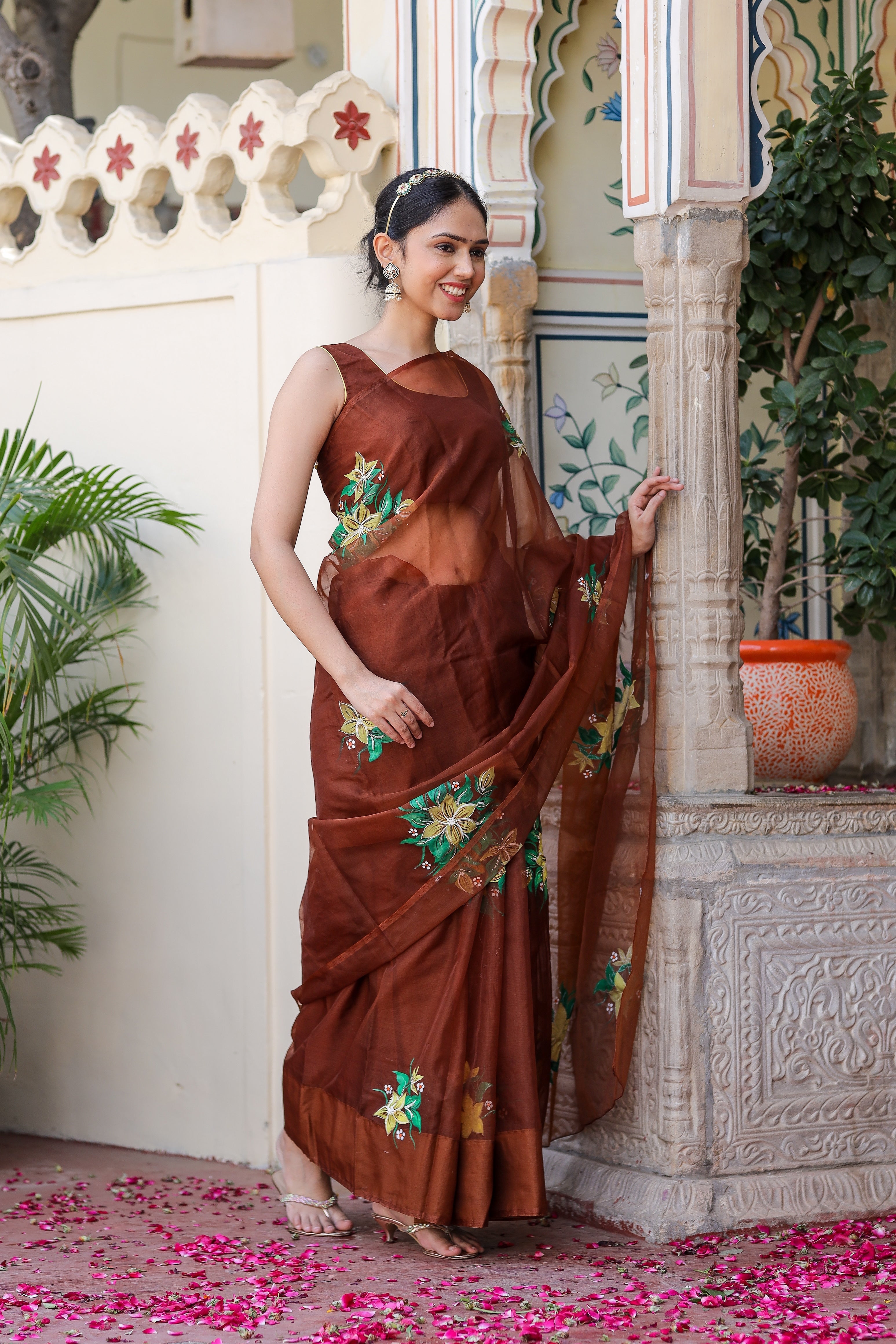 Sophisticated Brown Organza Handpainted Saree Floral