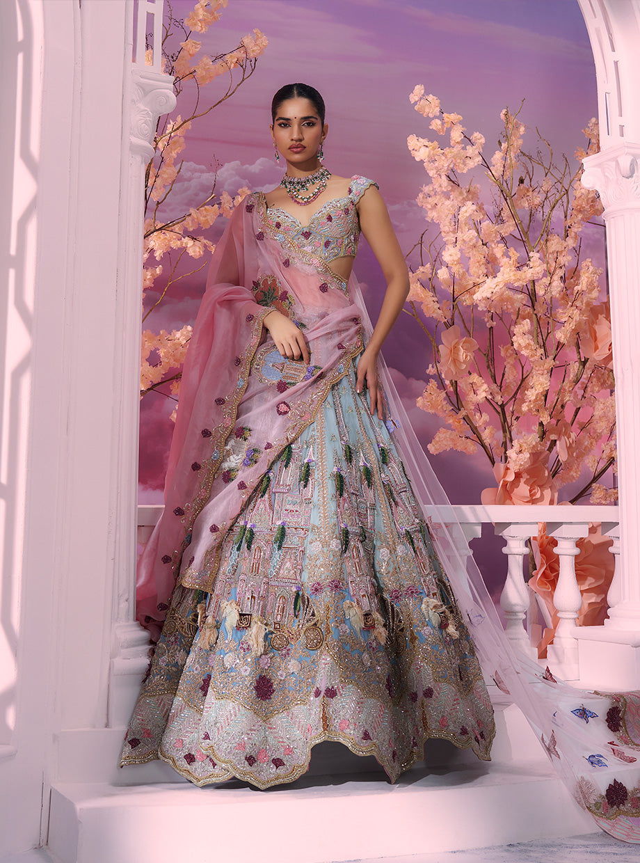 Fairytale Sky Blue Castle & Carriage Embroidered Lehenga Set