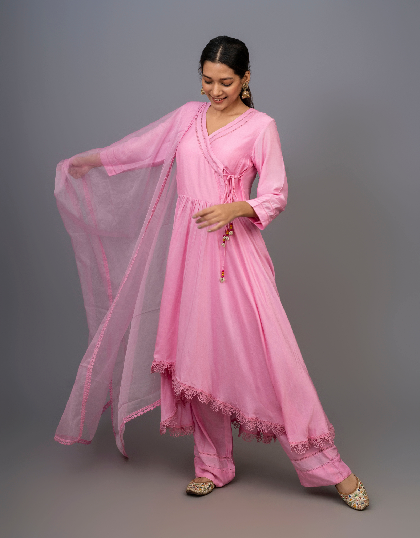 Purple Cotton Silk Gathered Angrakha Kurta Pants Organza Dupatta Lace