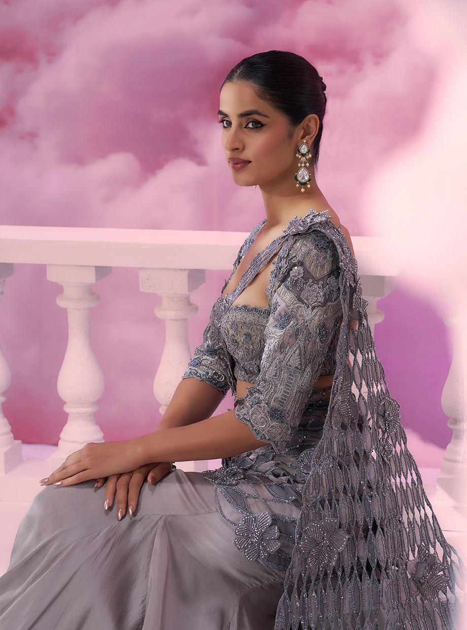 Elegant Grey Cutwork Drape Saree with Classy Blouse