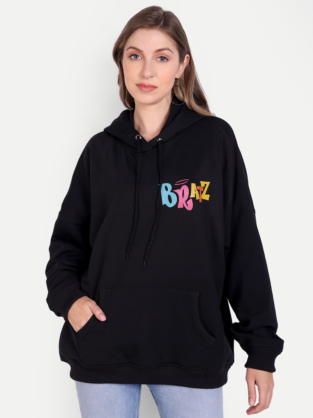 Cozy Black Fleece Bratz Print Hooded Sweatshirt - Front Back