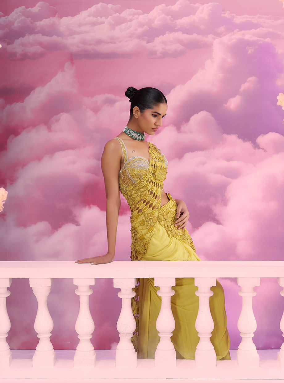 Vibrant Yellow Cutwork Drape Saree with Corset Top