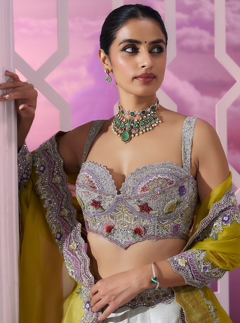 Sea Green Castle Embroidered Lehenga with Hot Pink Dupatta