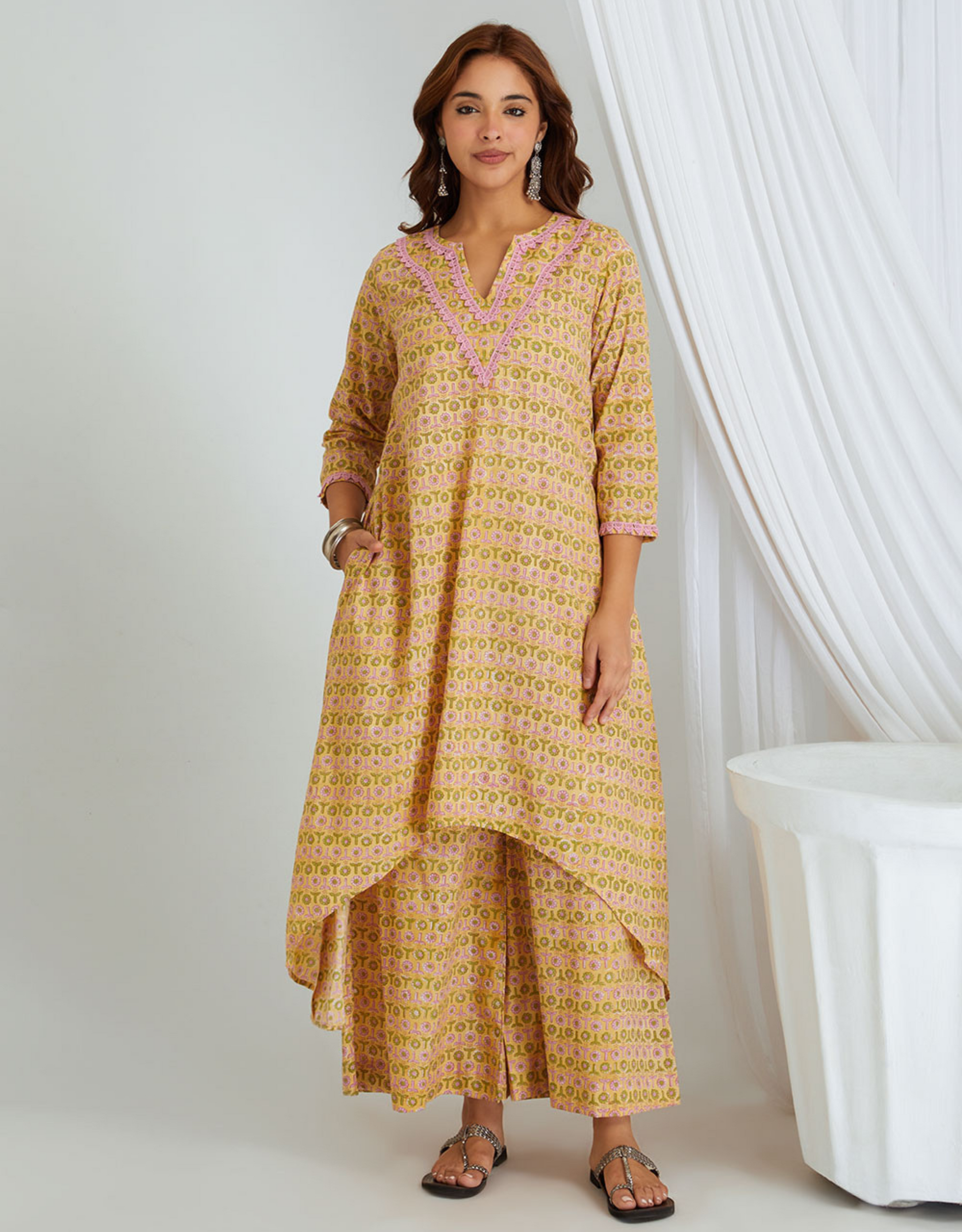 Mustard Yellow Hand Block Cotton Kurta Palazzo Co-ord Set Lace High Cut