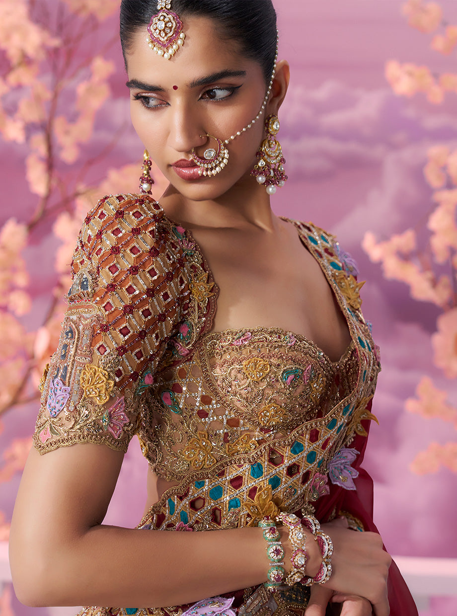 Opulent Peach Velvet Qila Cutwork Lehenga with 3D Dupatta