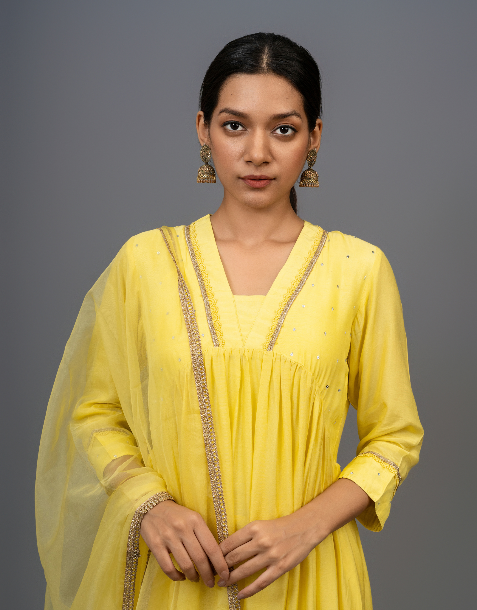 Yellow Cotton Silk Hand Embroidered A-line Kurta Pants Organza Dupatta