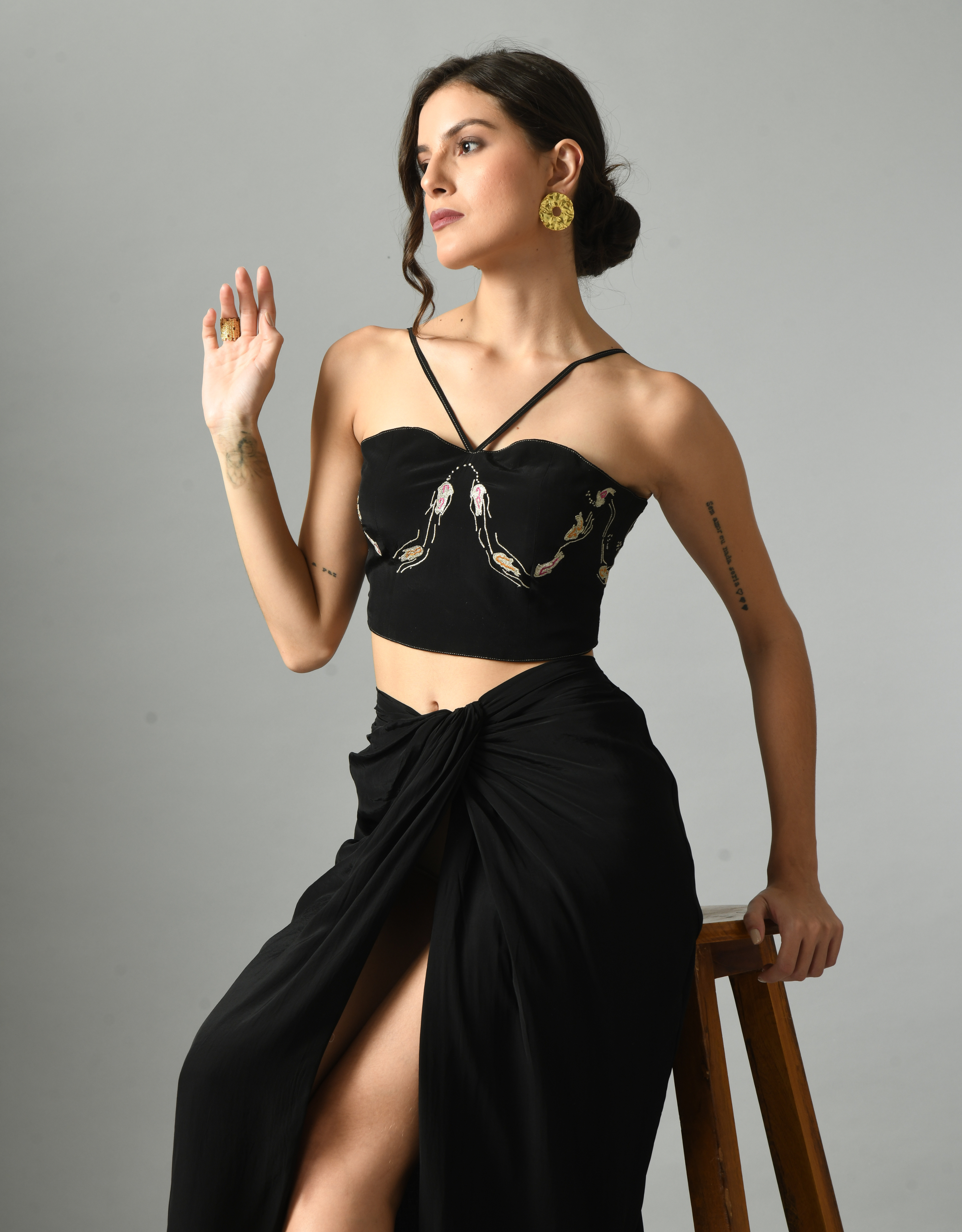 Stylish Black Crepe Silk Nur Bustier Embroidery