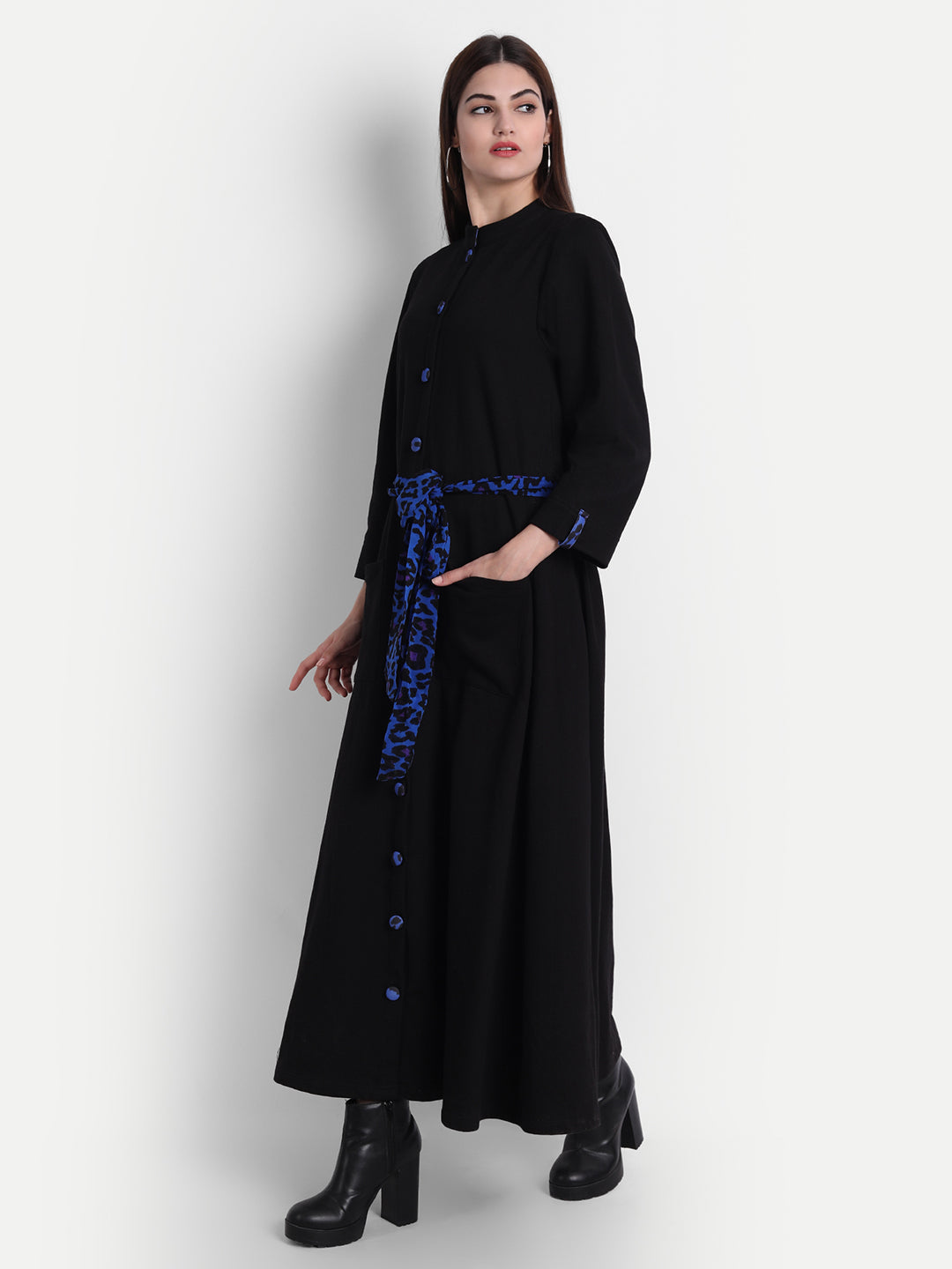 Bold Black Fleece Leopard Print Waist Tie Trench Coat