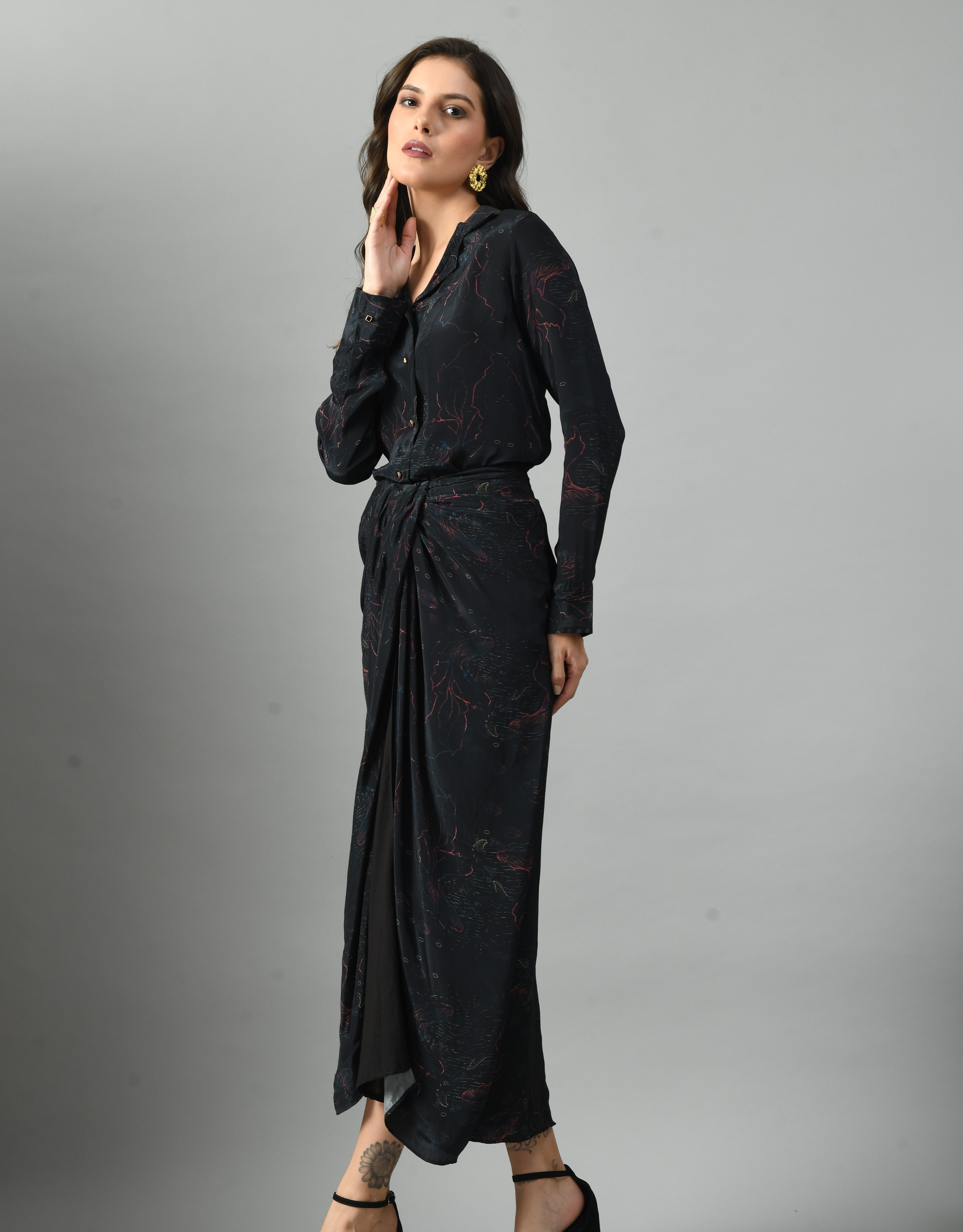 Unique Black Crepe Silk Alice in Wondersea Drape Shirt Skirt Set