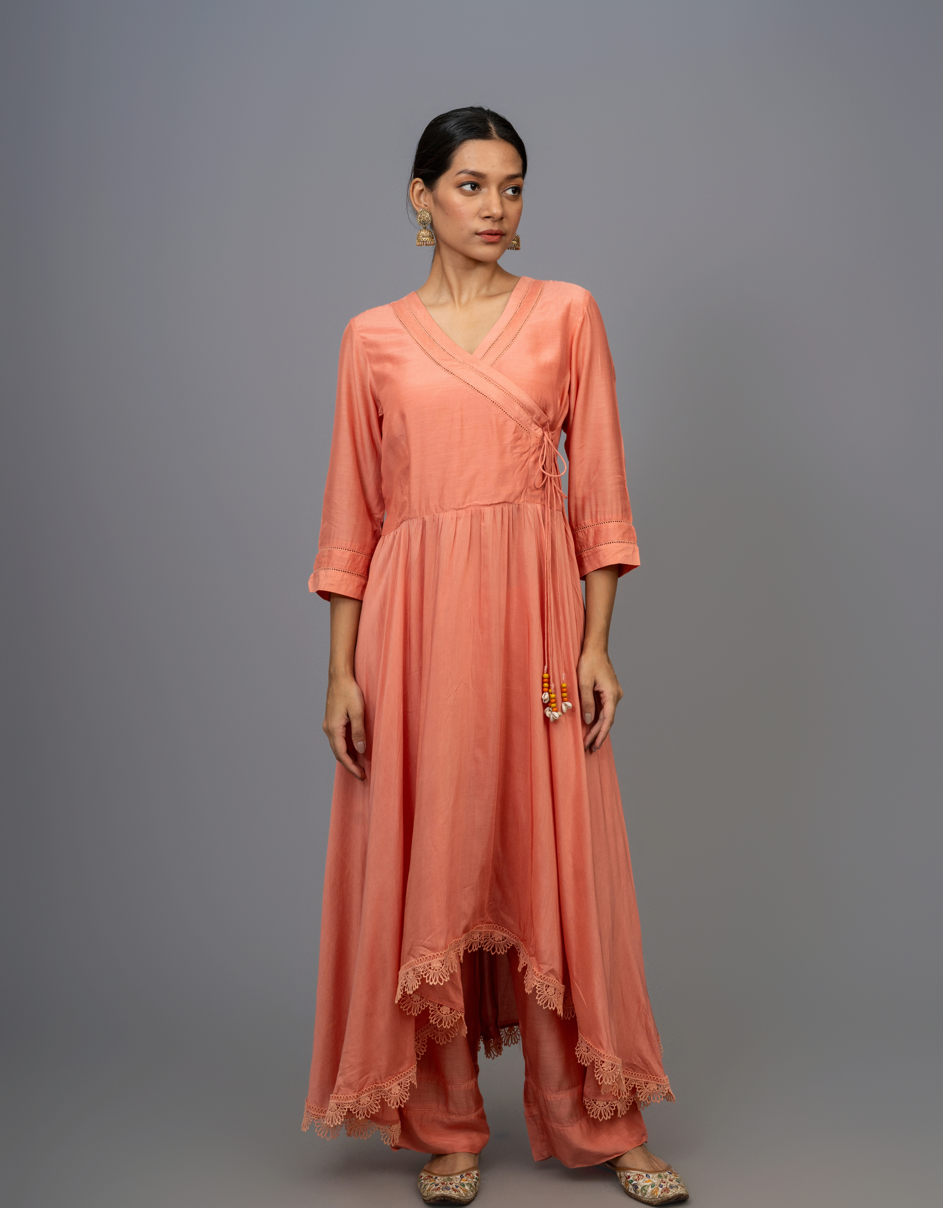 Rust Orange Cotton Silk Gathered A-line Angrakha Kurta Pants Lace