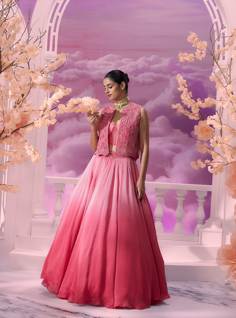 Dynamic Pink Ombré Lehenga Corset Blouse & Cutwork Jacket