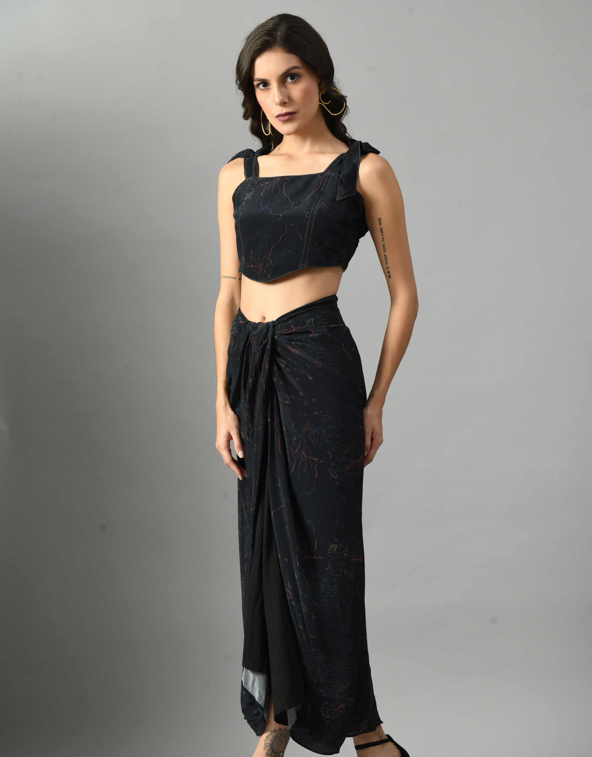 Unique Black Crepe Silk Alice in Wondersea Bustier Skirt Set