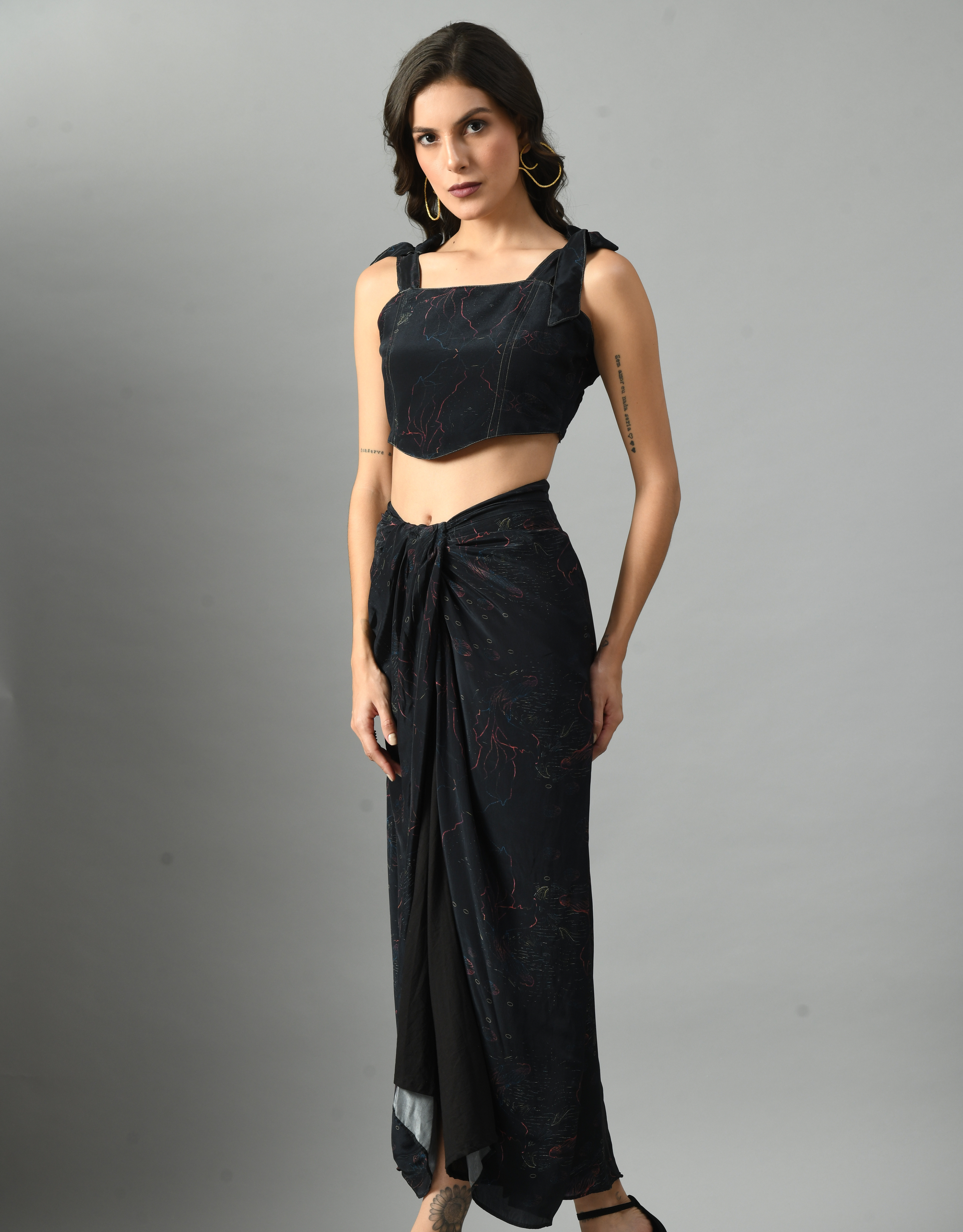 Unique Black Crepe Silk Alice in Wondersea Bustier Skirt Set