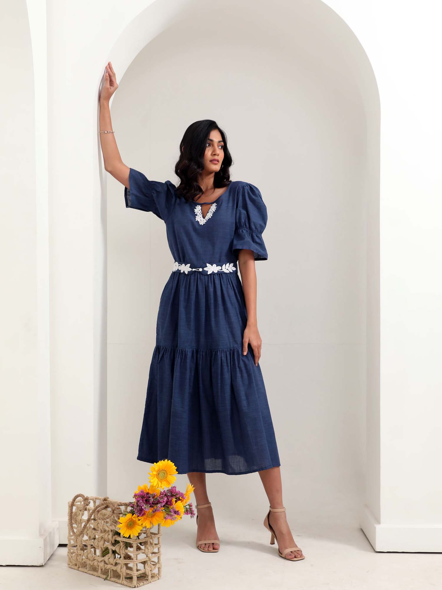 Dreamy Navy Blue Chambray Cotton Ruffle Dress Beadwork Belt - Night Sky