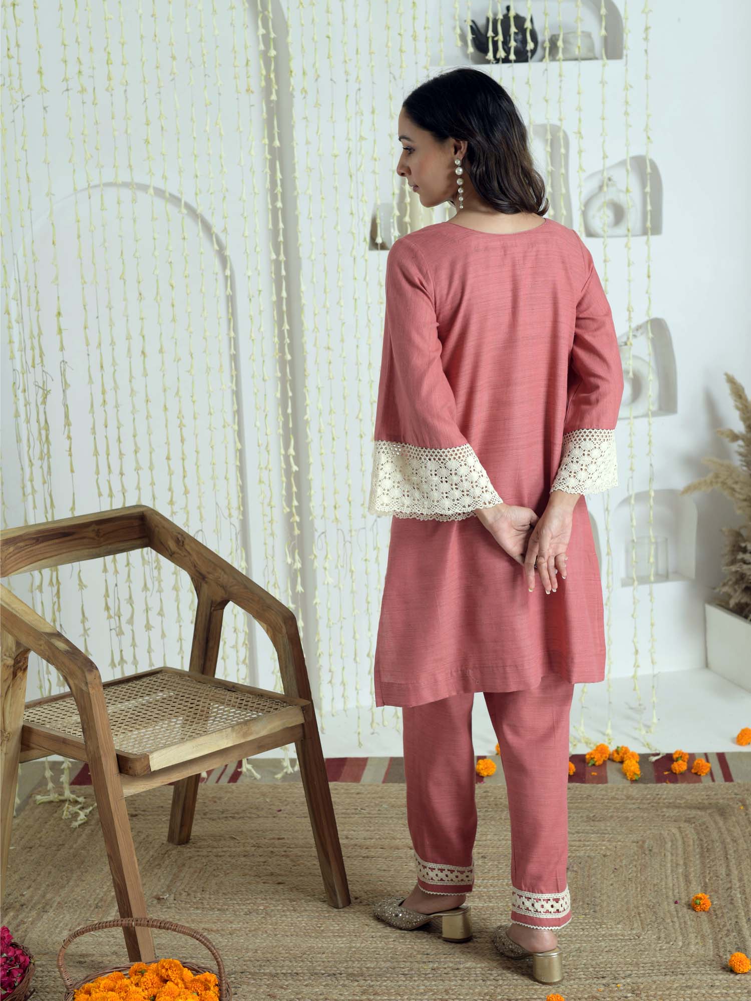 Elegant Coral Pink Chandheri Cotton Lace Coord Set Pakistani Style