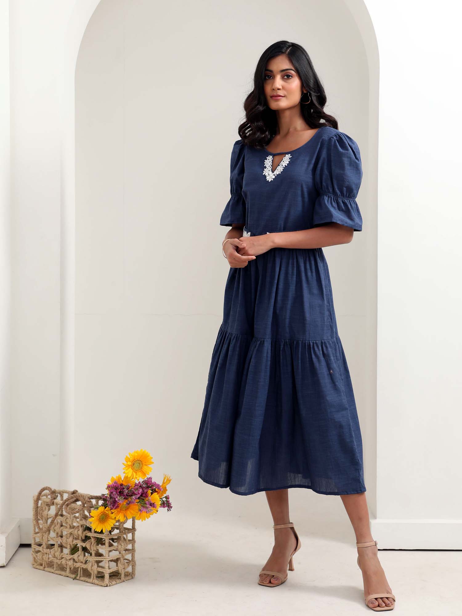 Dreamy Navy Blue Chambray Cotton Ruffle Dress Beadwork Belt - Night Sky
