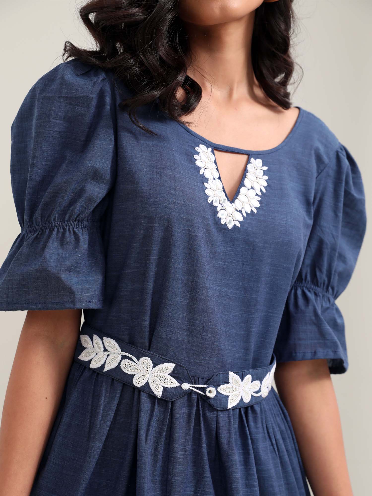 Dreamy Navy Blue Chambray Cotton Ruffle Dress Beadwork Belt - Night Sky