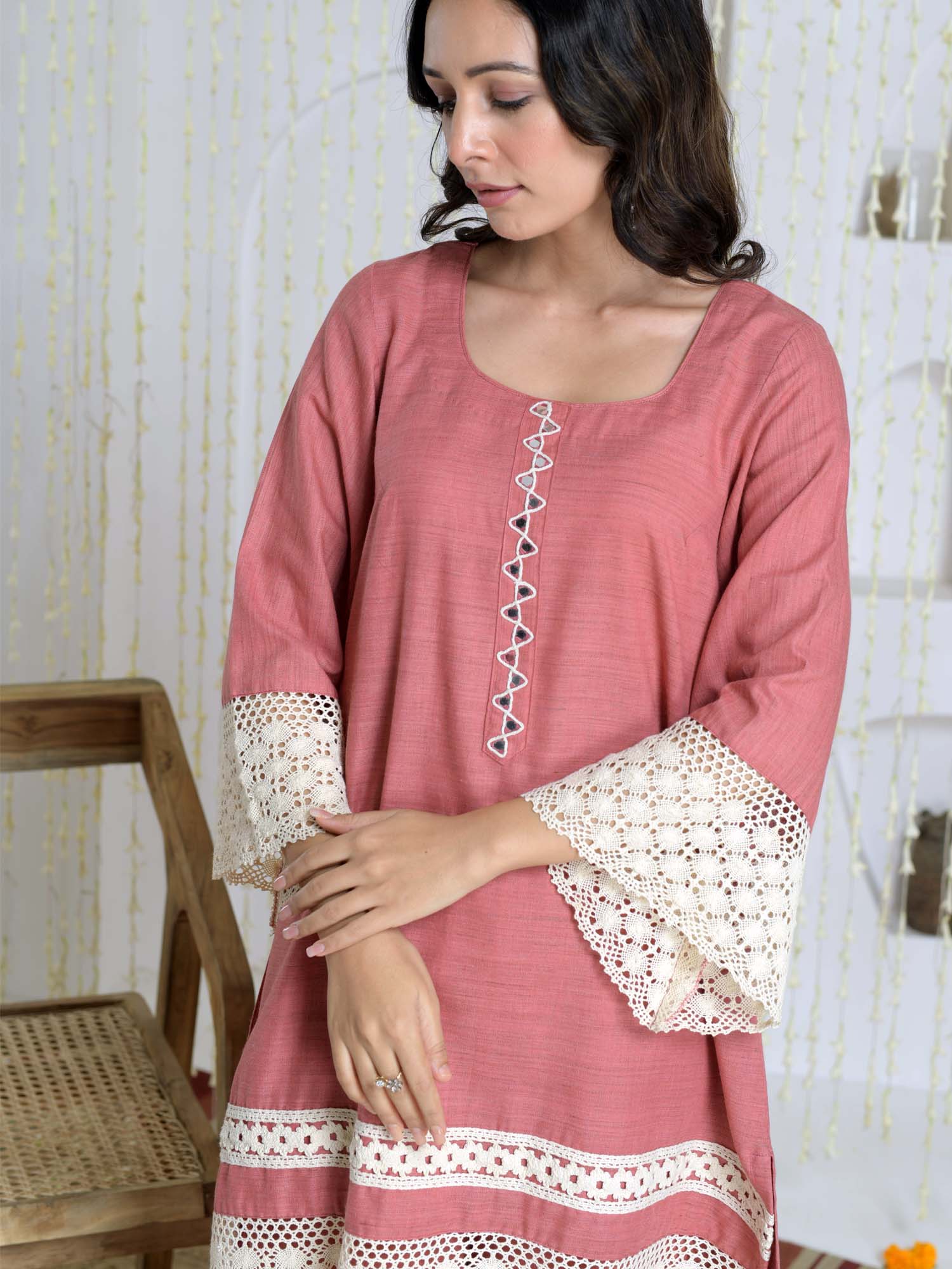 Elegant Coral Pink Chandheri Cotton Lace Coord Set Pakistani Style