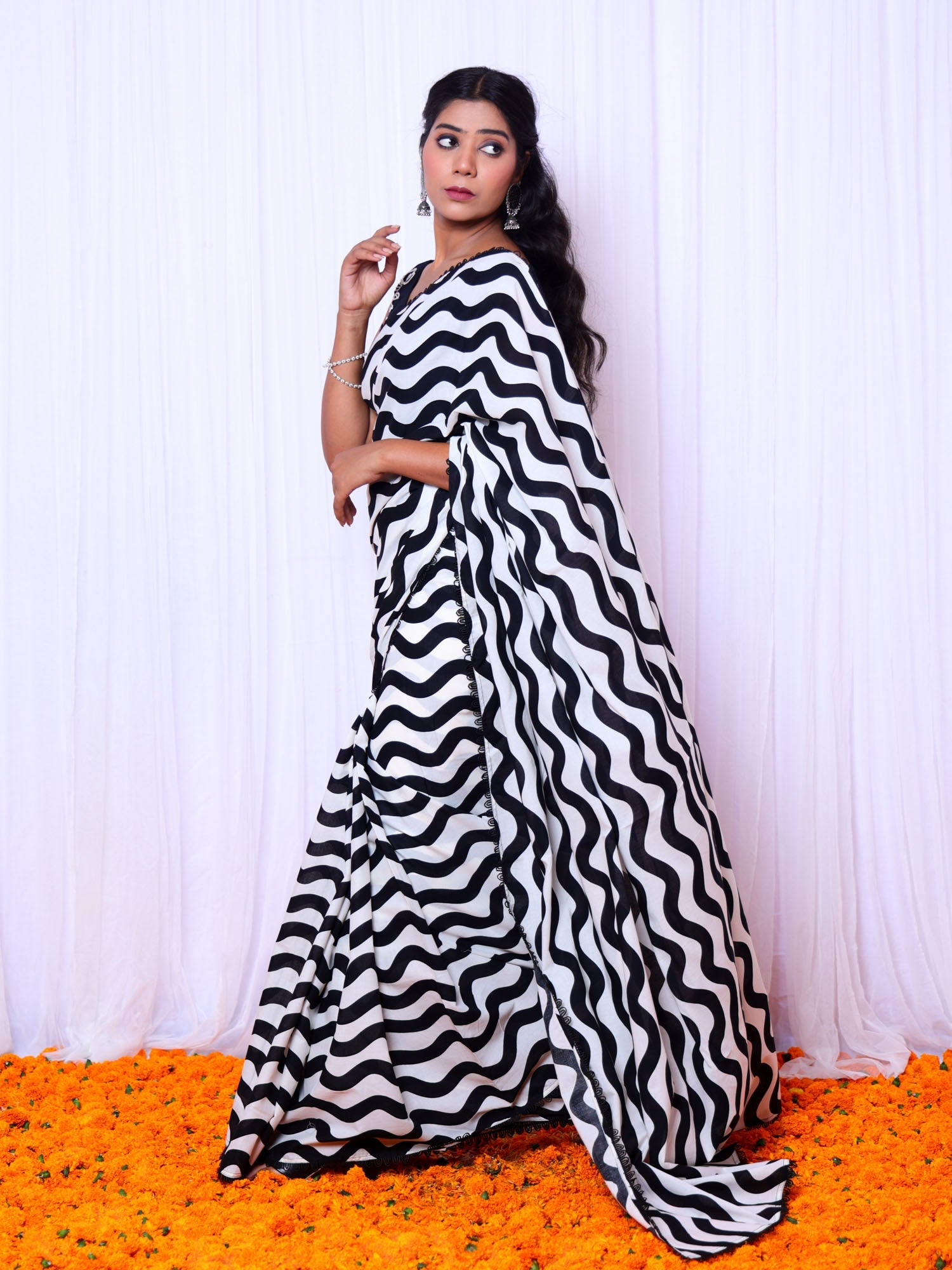 Stylish Black Cotton Saree Hand Embroidered Blouse - Jhilmil