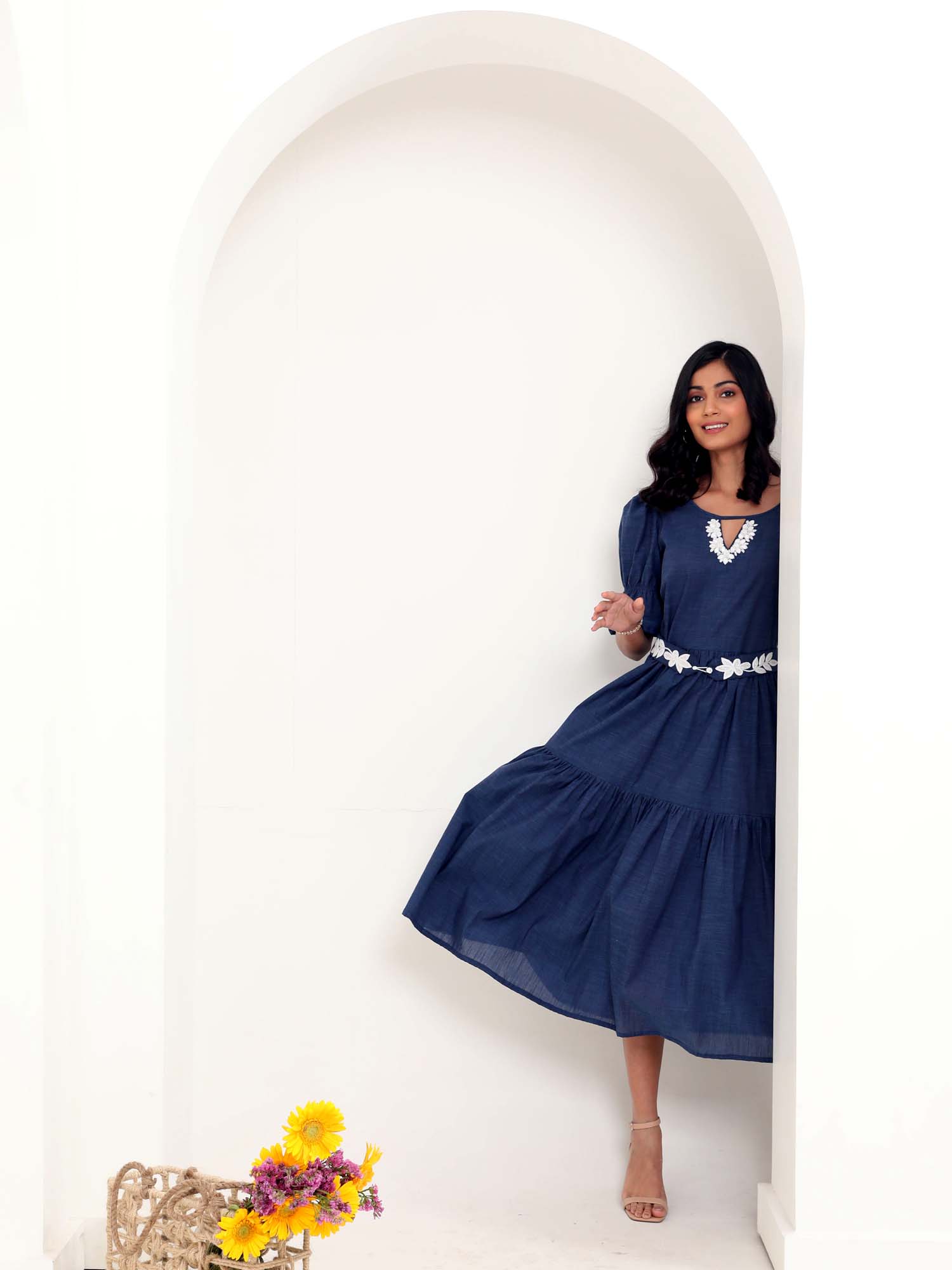 Dreamy Navy Blue Chambray Cotton Ruffle Dress Beadwork Belt - Night Sky