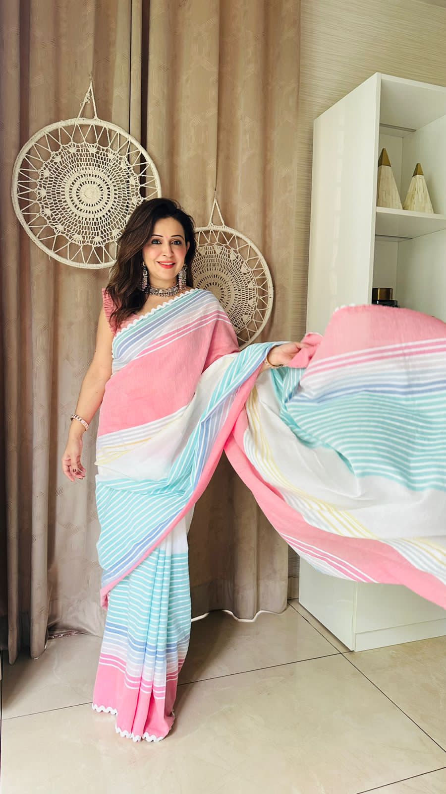 Soothing Blue Pink White Multicolor Cotton Striped Saree Chambray Blouse
