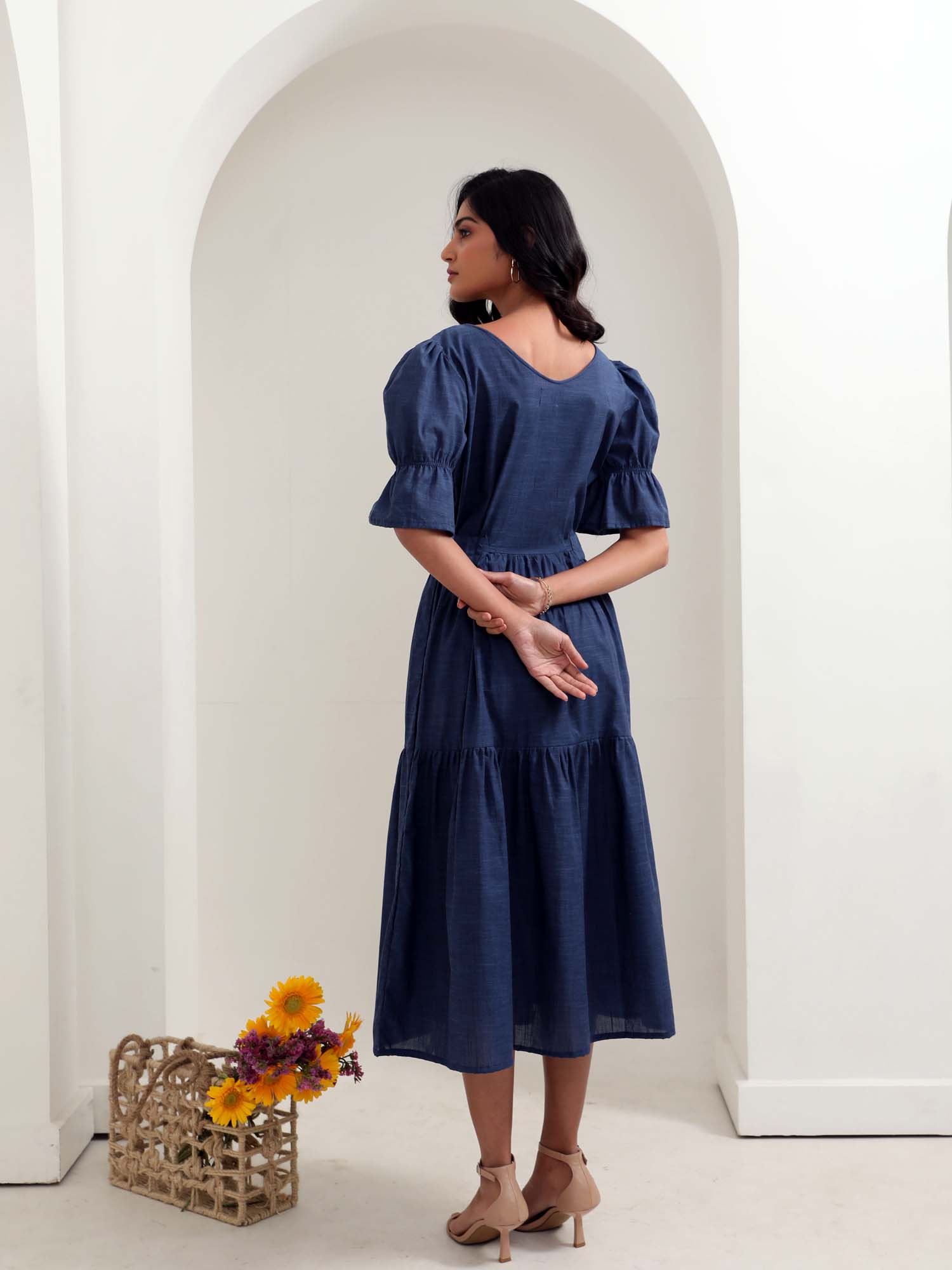 Dreamy Navy Blue Chambray Cotton Ruffle Dress Beadwork Belt - Night Sky