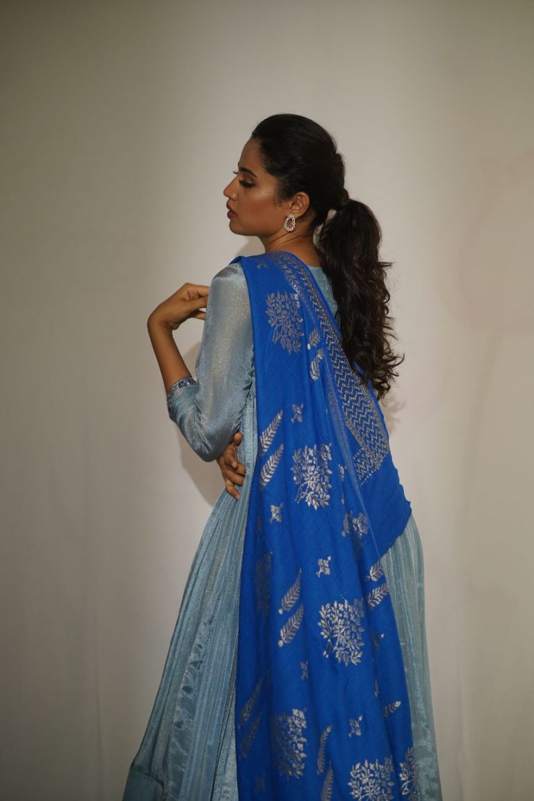Ethereal Sky Blue Grey Tissue Anarkali Royal Blue Dupatta