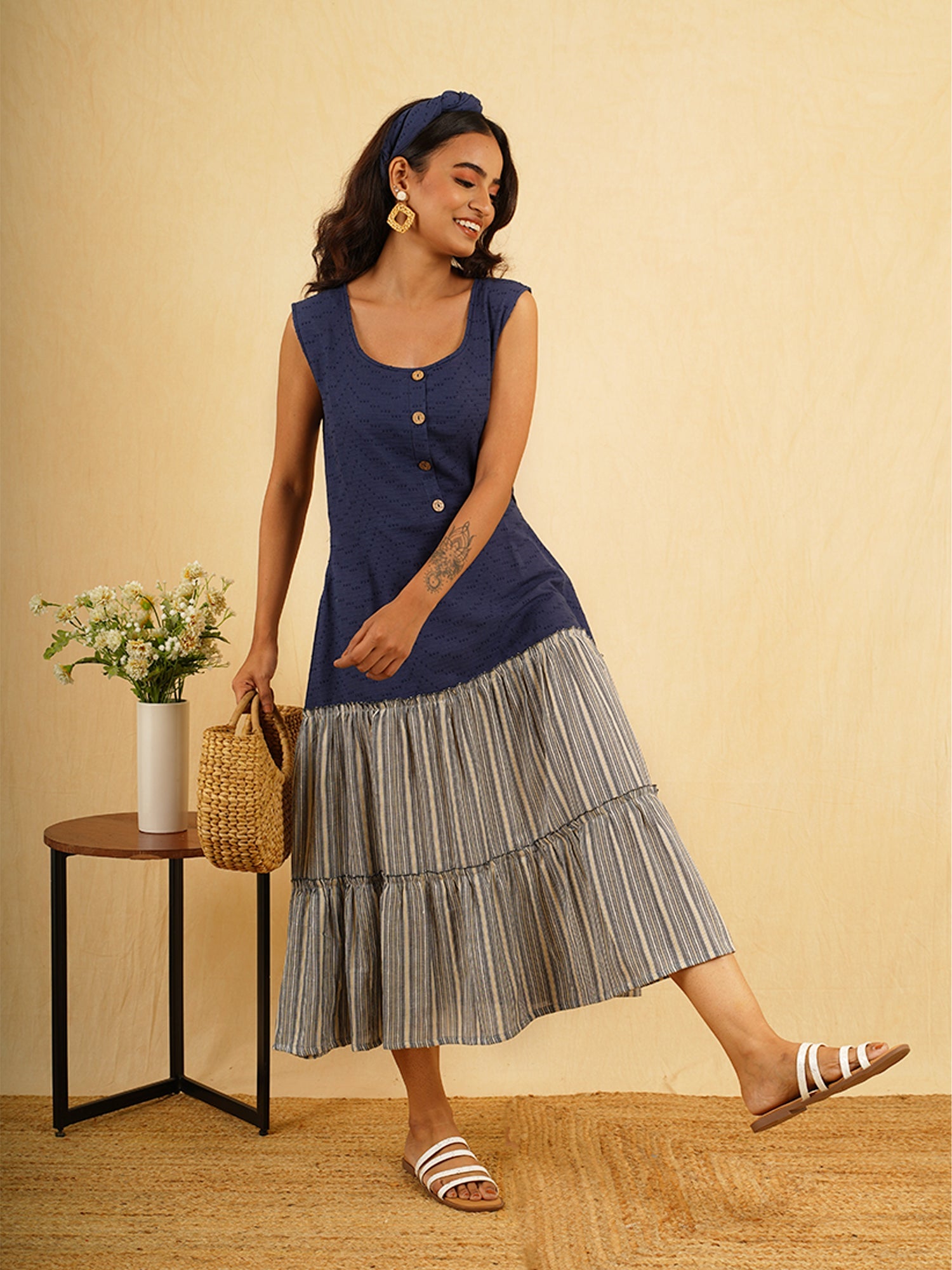Chic Navy Beige Cotton Striped Fit & Flare Dress - Sweet Haven