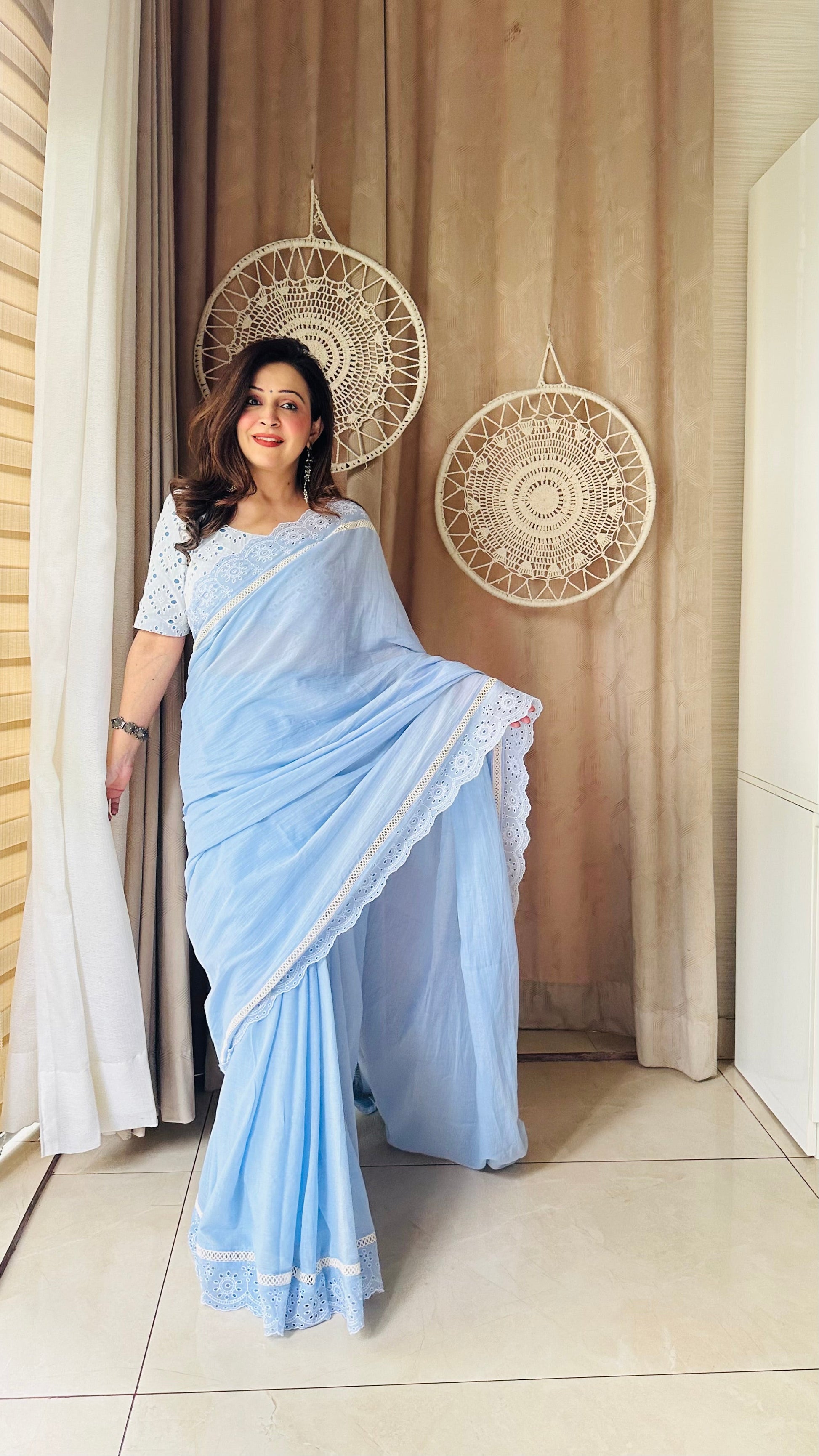 Refined Pastel Blue Cotton Lace Border Saree Schiffli Blouse - Ganga