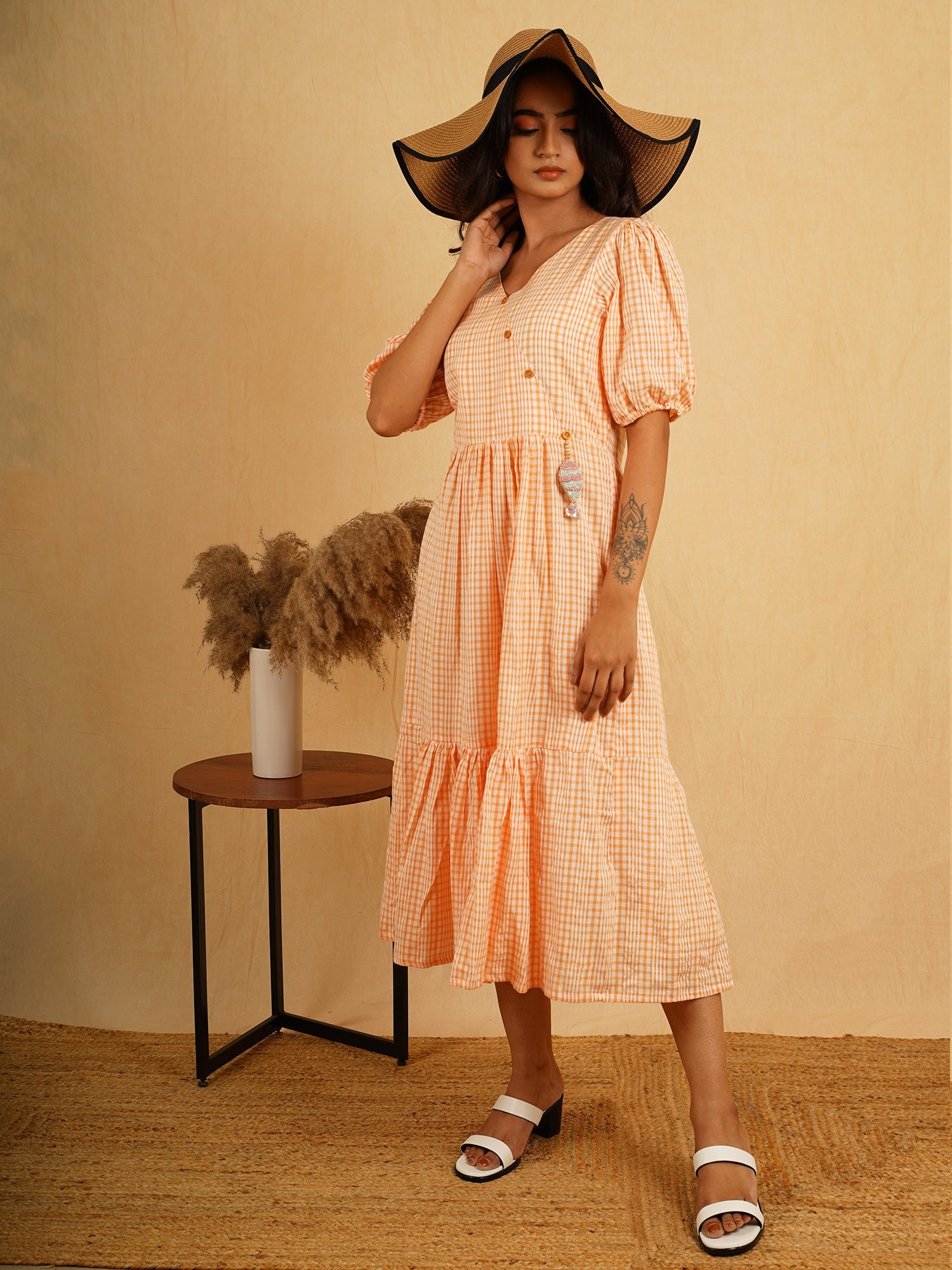 Fun Orange White Cotton Checks Angrakha Dress Fish Charm - Sunburnt