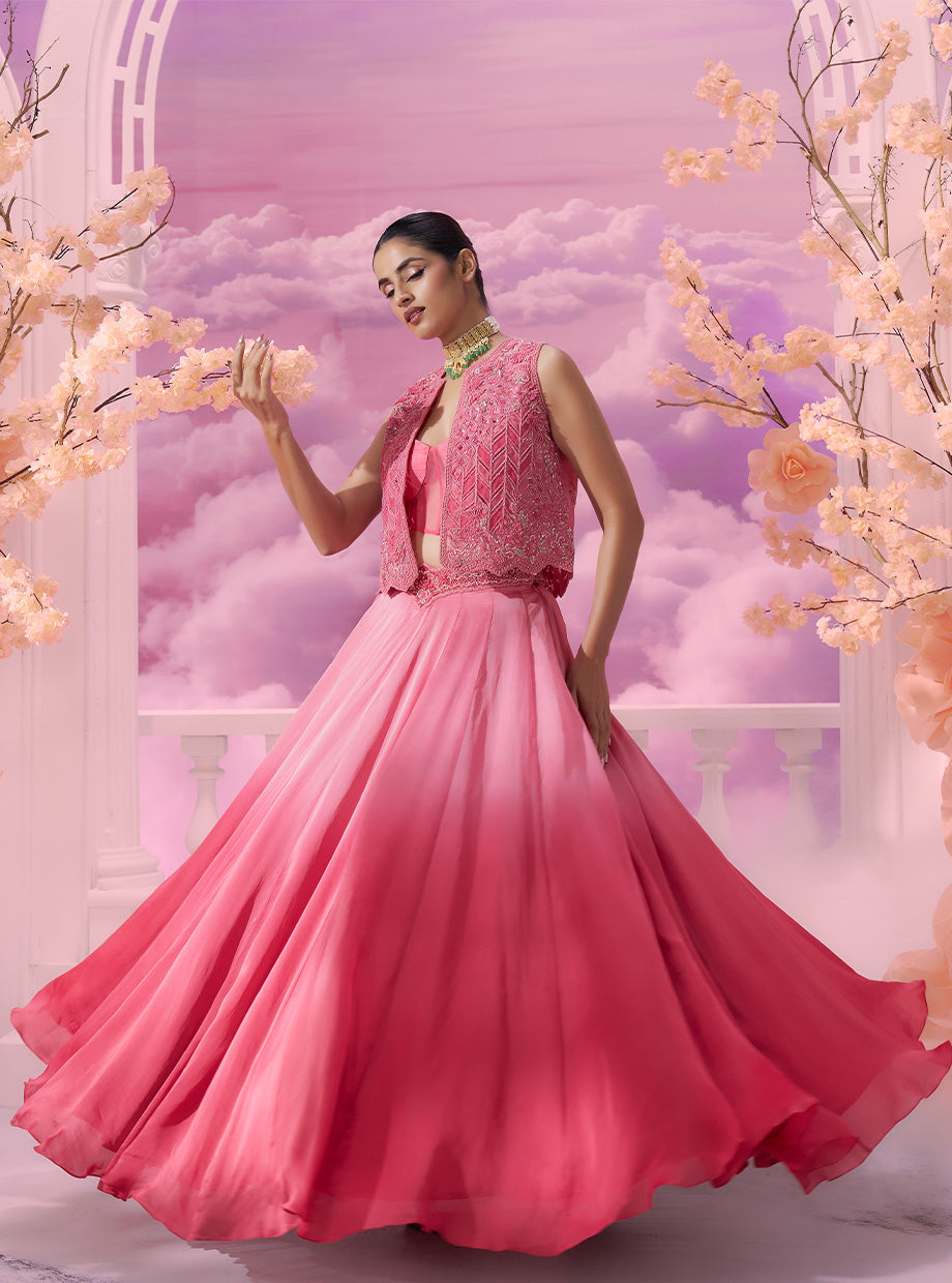 Dynamic Pink Ombré Lehenga Corset Blouse & Cutwork Jacket