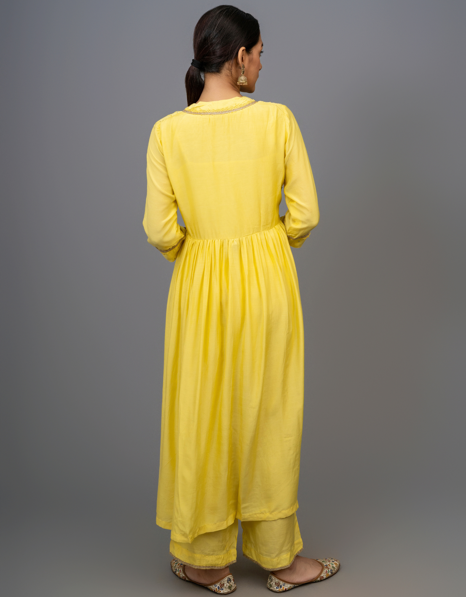 Yellow Cotton Silk Hand Embroidered A-line Suit Set Organza Dupatta