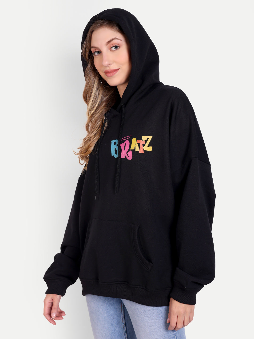 Cozy Black Fleece Bratz Print Hooded Sweatshirt - Front Back