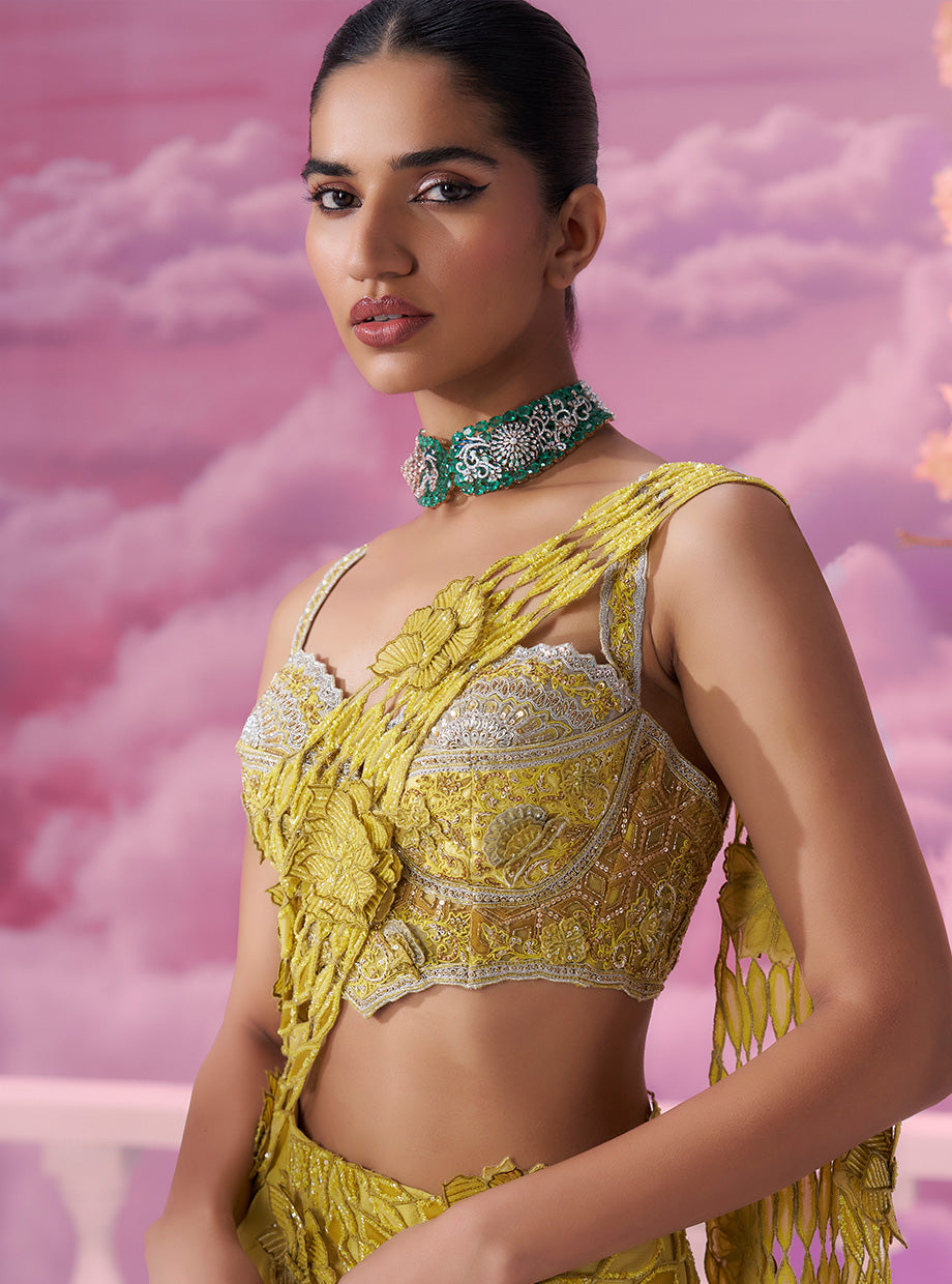 Vibrant Yellow Cutwork Drape Saree with Corset Top