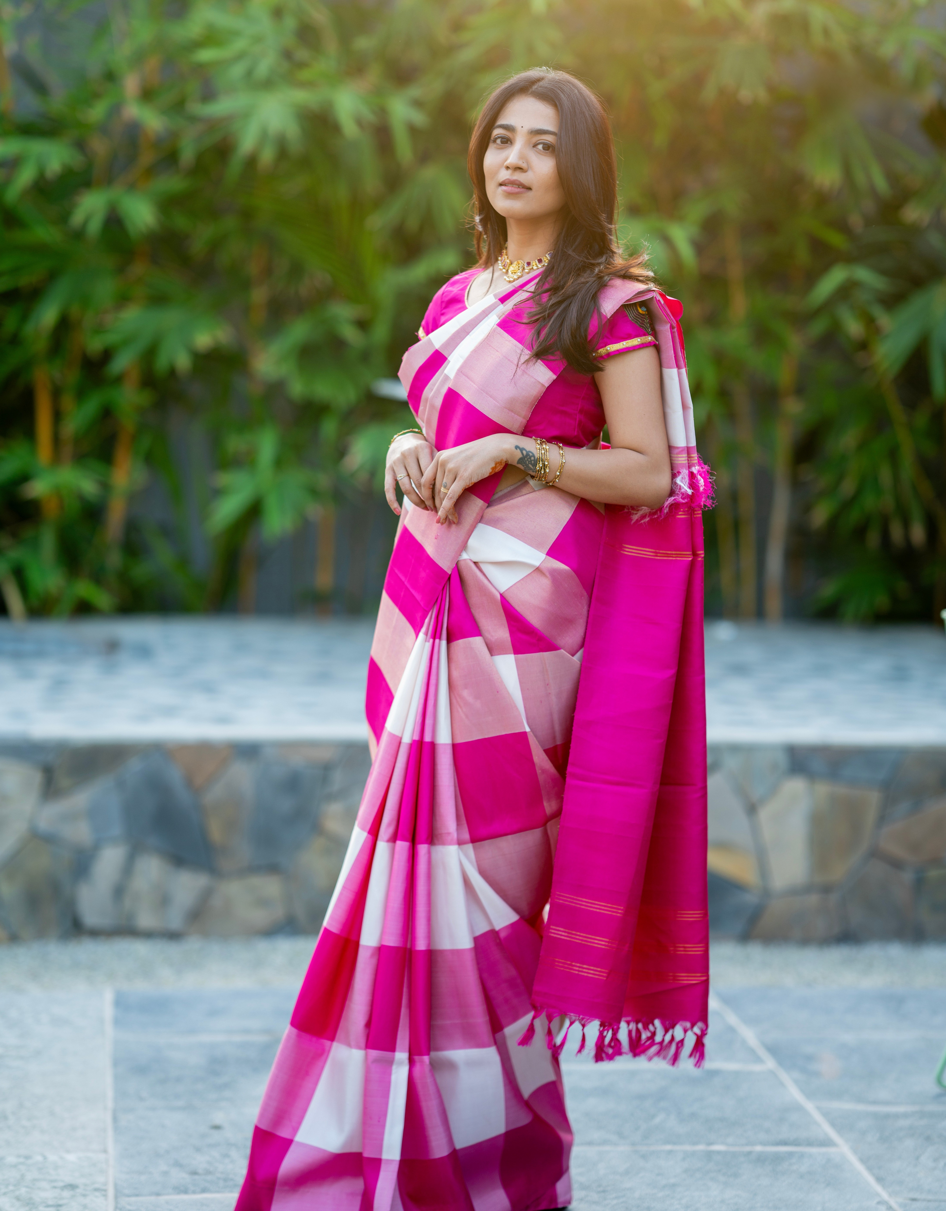 Hot Pink Kanchipattu Saree Checkered Hand-Painted Krishna Blouse