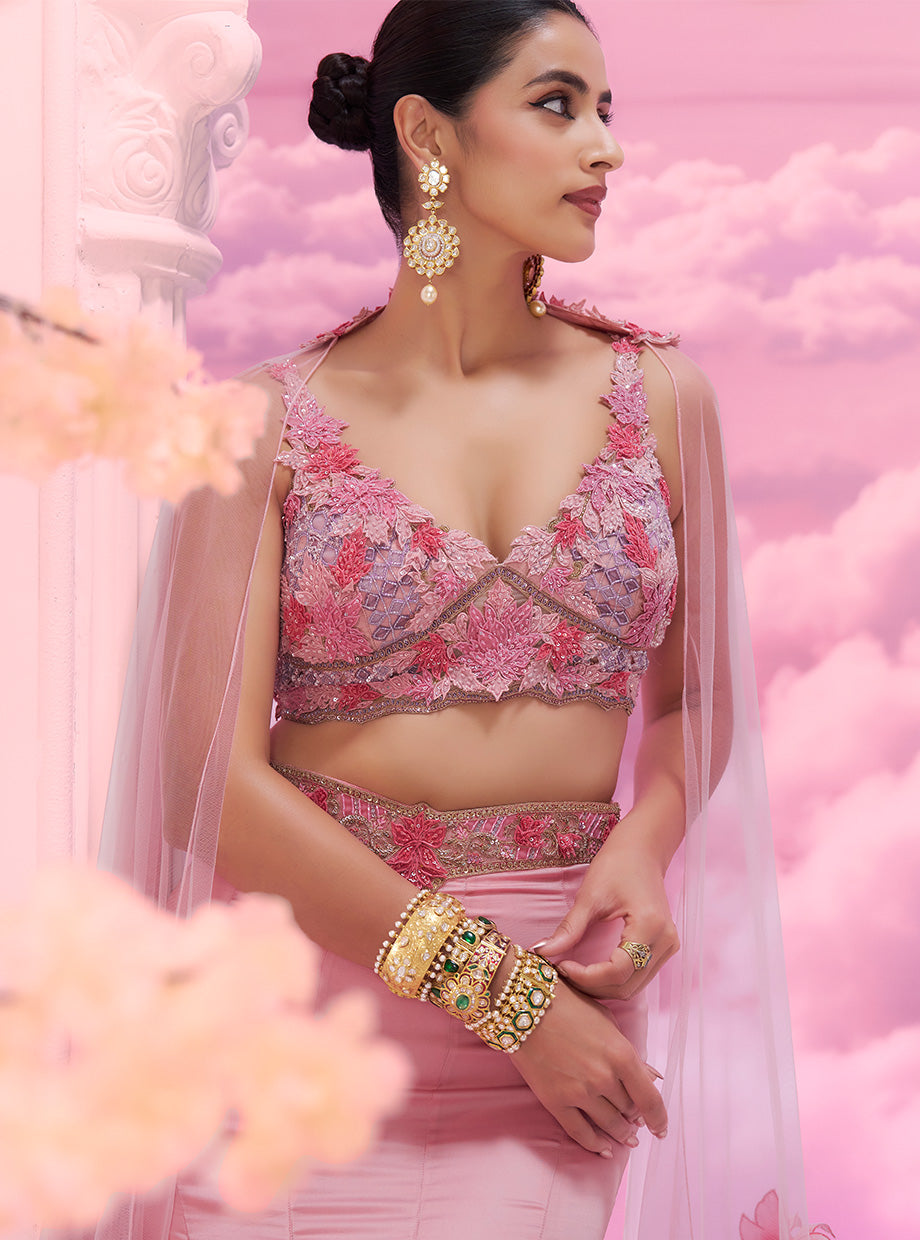Stunning Pink Mermaid Lehenga 3D Floral Blouse & Dupatta