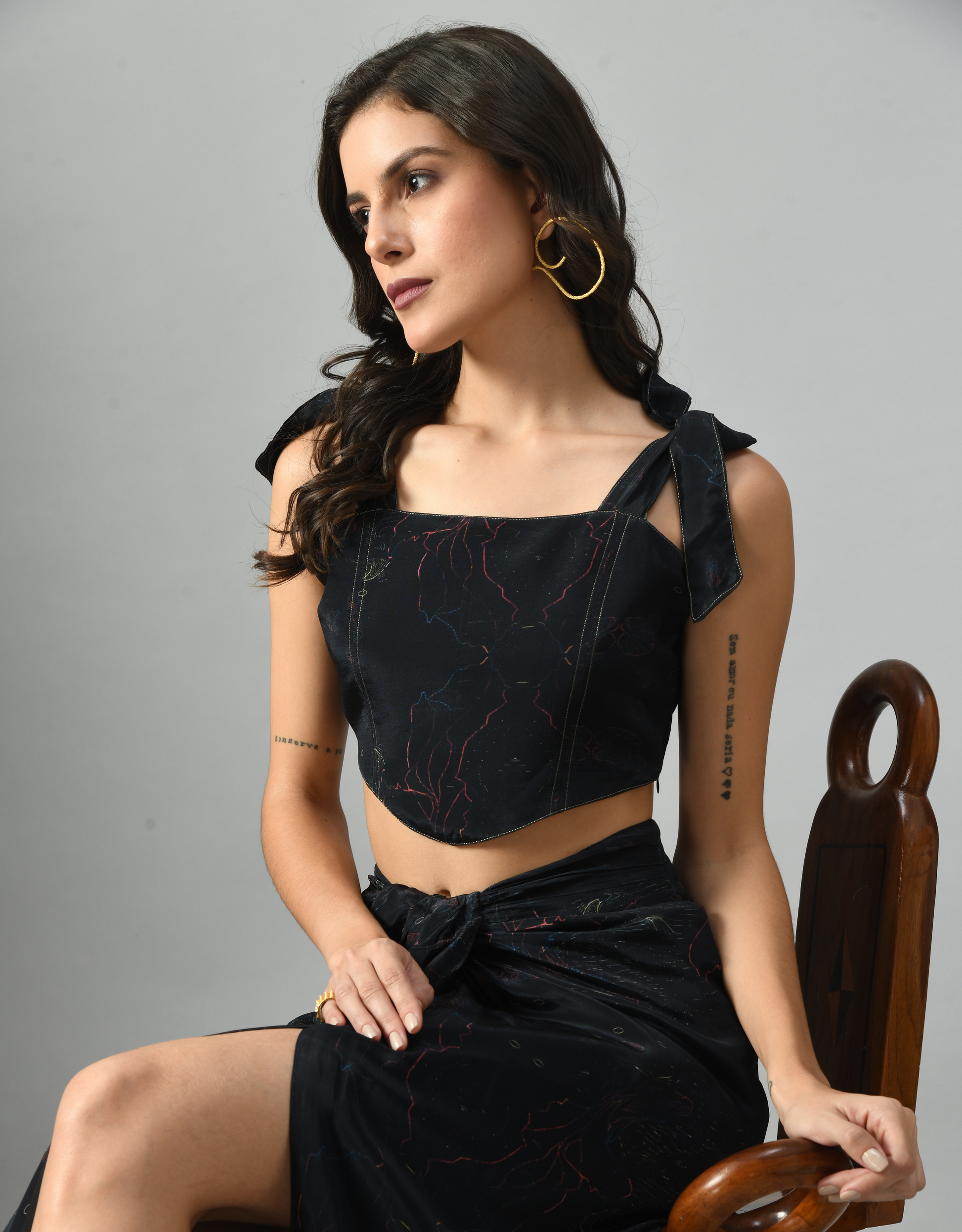 Unique Black Crepe Silk Alice in Wondersea Bustier Skirt Set