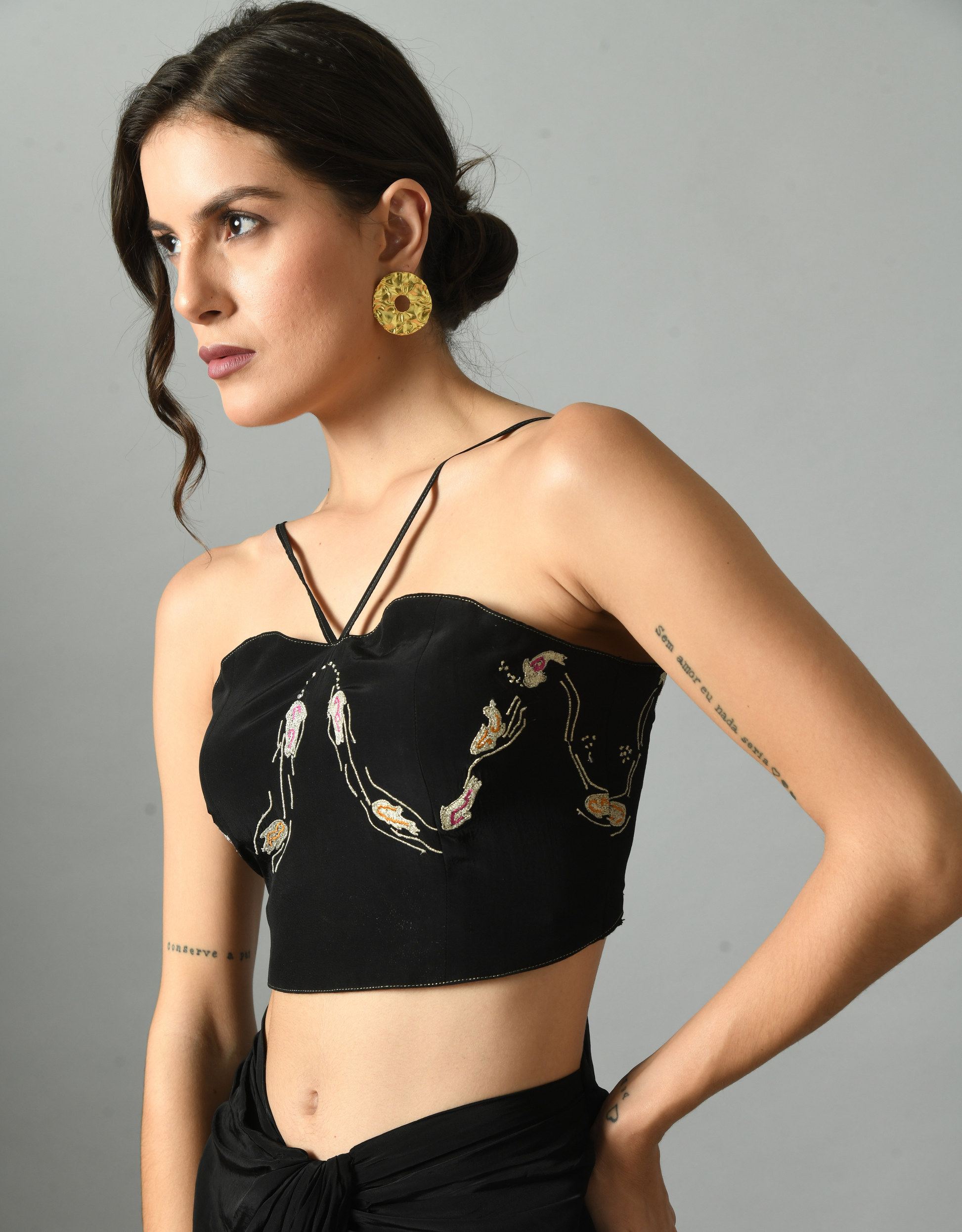 Stylish Black Crepe Silk Nur Bustier Embroidery