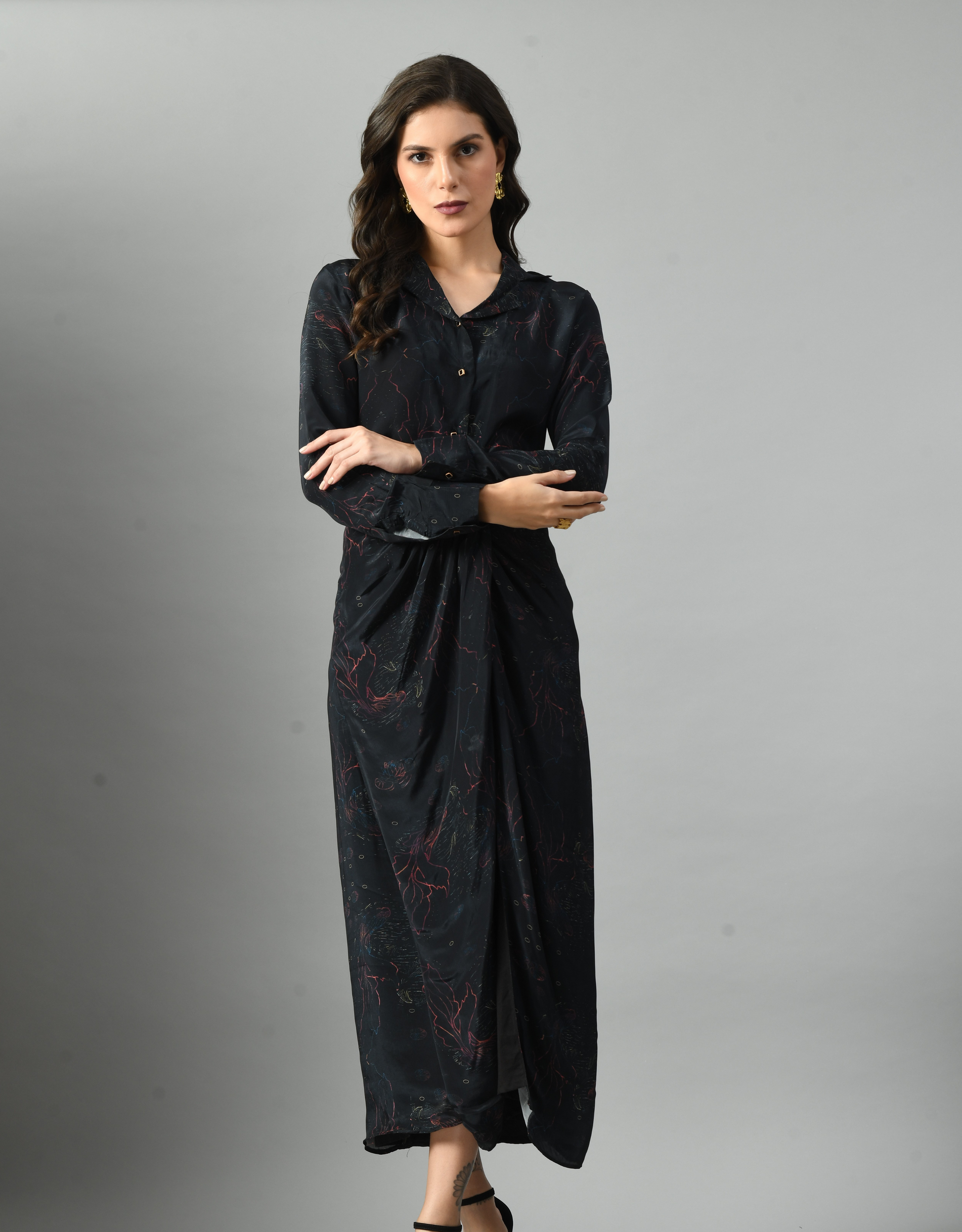 Unique Black Crepe Silk Alice in Wondersea Drape Shirt Skirt Set