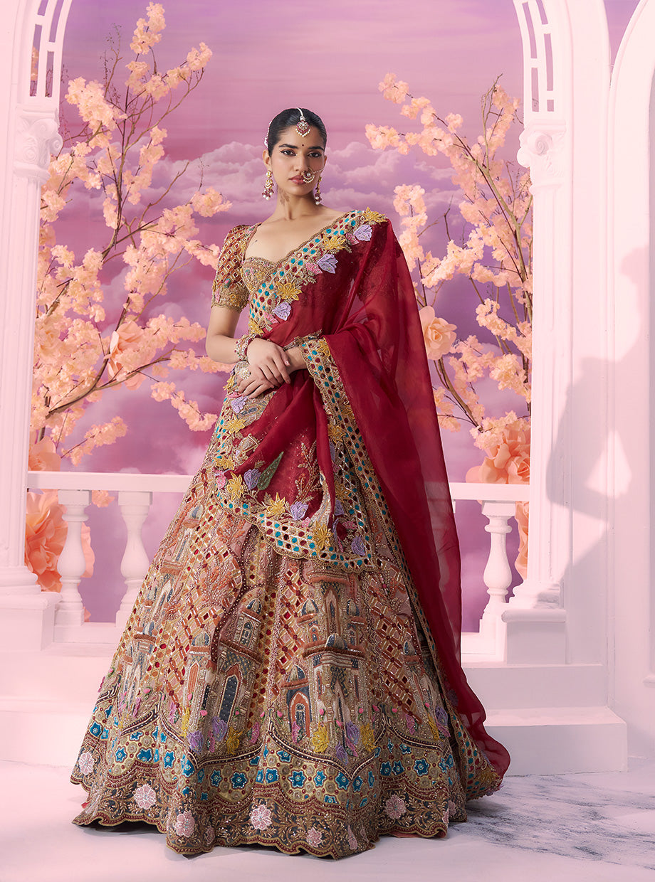 Opulent Peach Velvet Qila Cutwork Lehenga with 3D Dupatta
